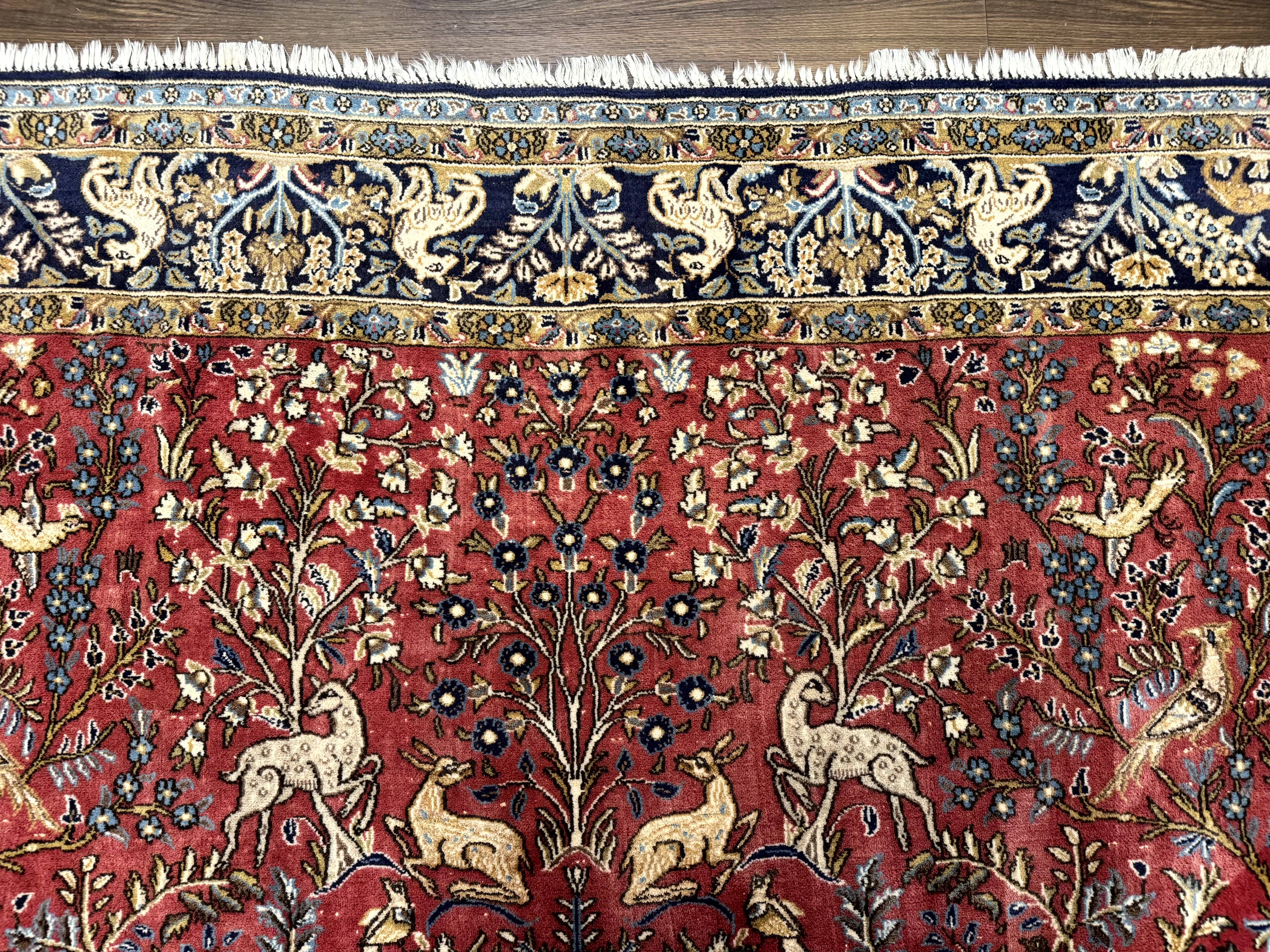 Persian Qum Rug 9x12, Animal Pictorials, Deer Birds, Tree of Life, Red and Navy Blue - Image 3