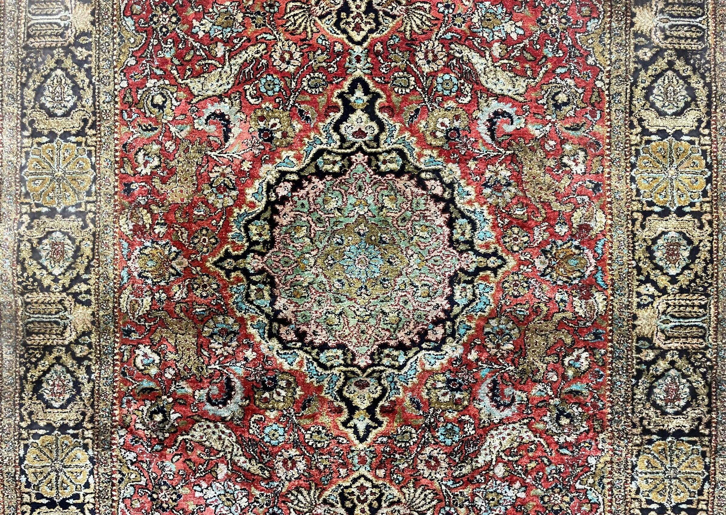 Persian Qum Silk Rug 3.8 x 5.6, Silk on Silk, Animal Pictorials, Fine 330 KPSI - Image 4