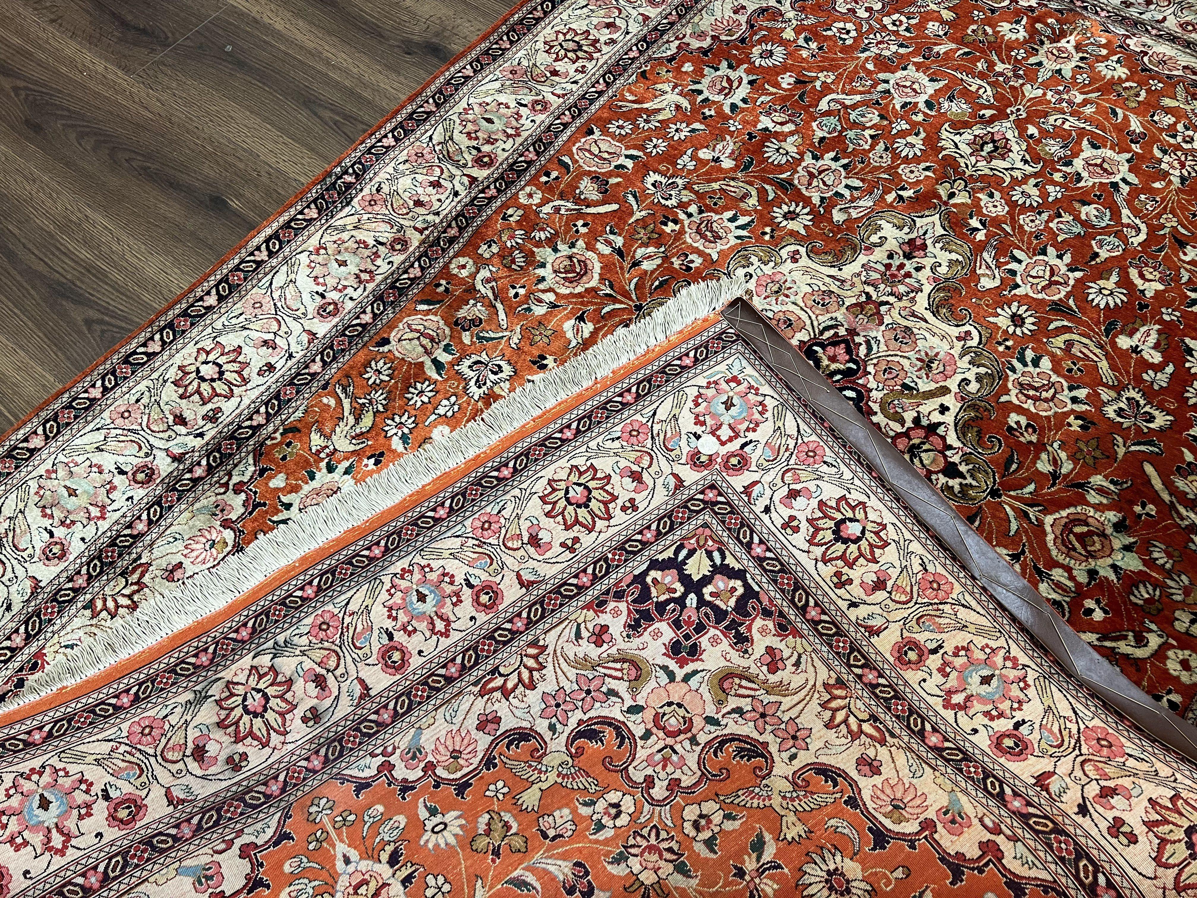 Persian Qum Silk Rug 5x7 - Floral Medallion, Birds, Orange-Red - Image 10