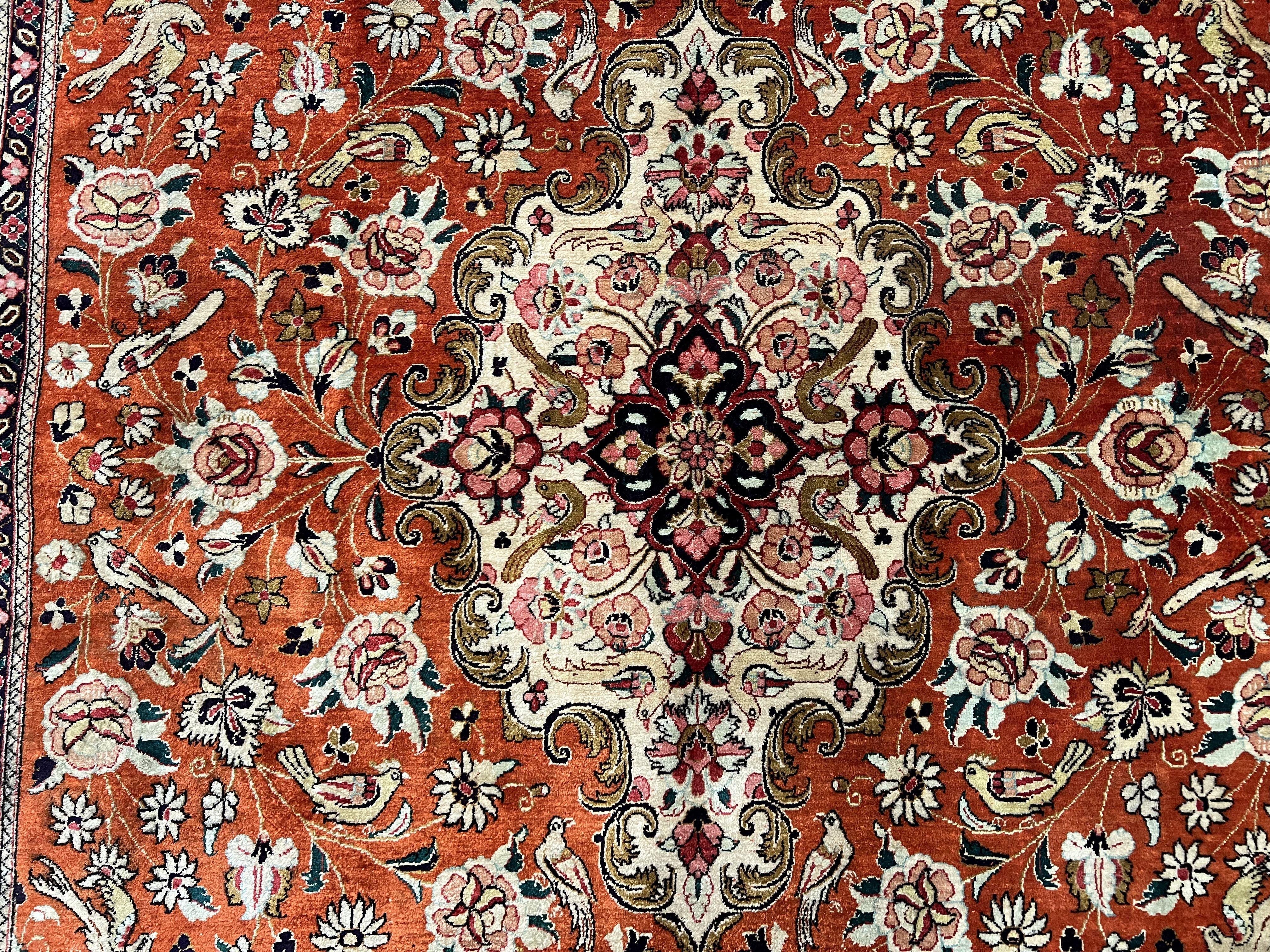 Persian Qum Silk Rug 5x7 - Floral Medallion, Birds, Orange-Red - Image 11