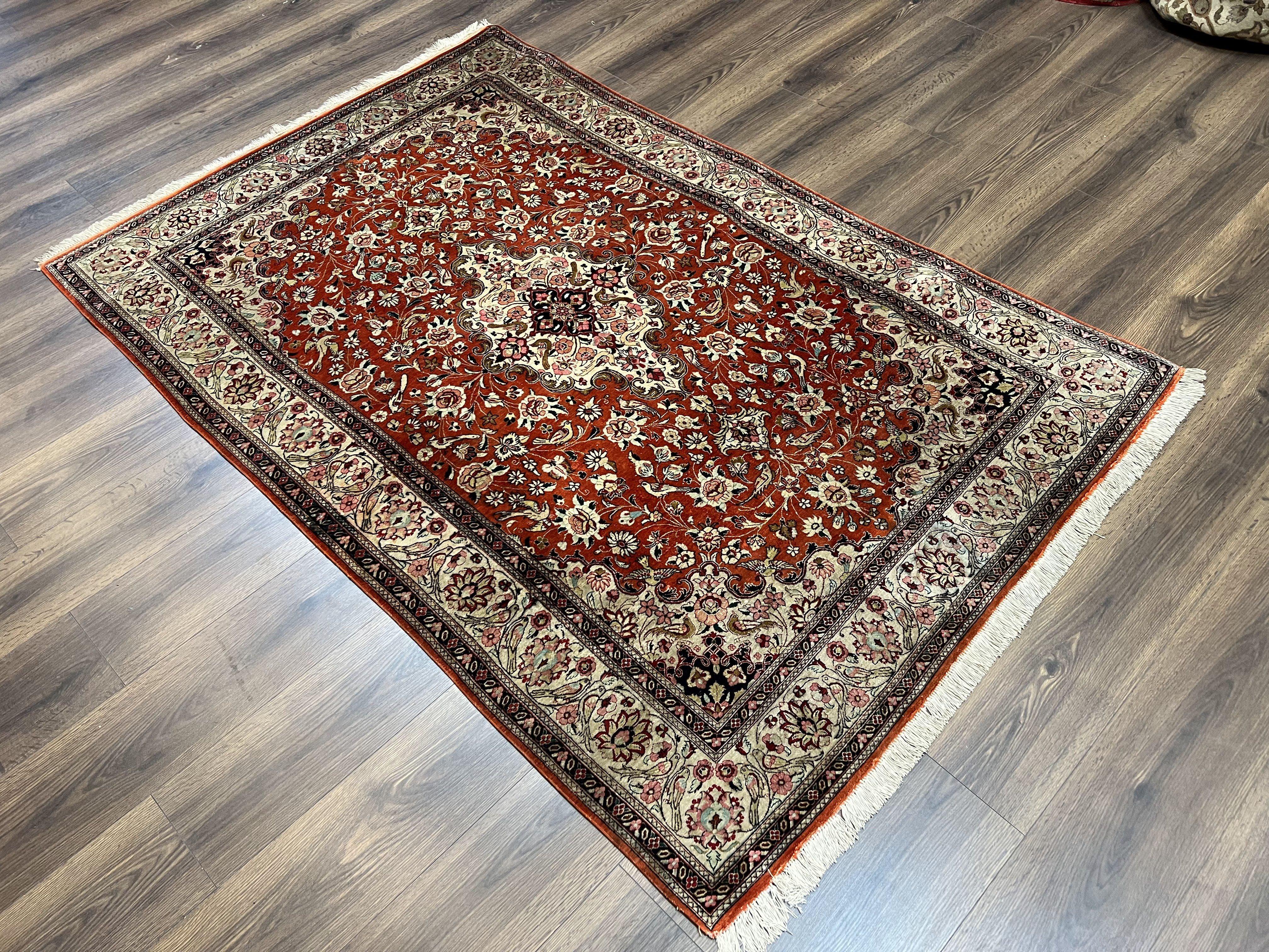 Persian Qum Silk Rug 5x7 - Floral Medallion, Birds, Orange-Red - Image 12
