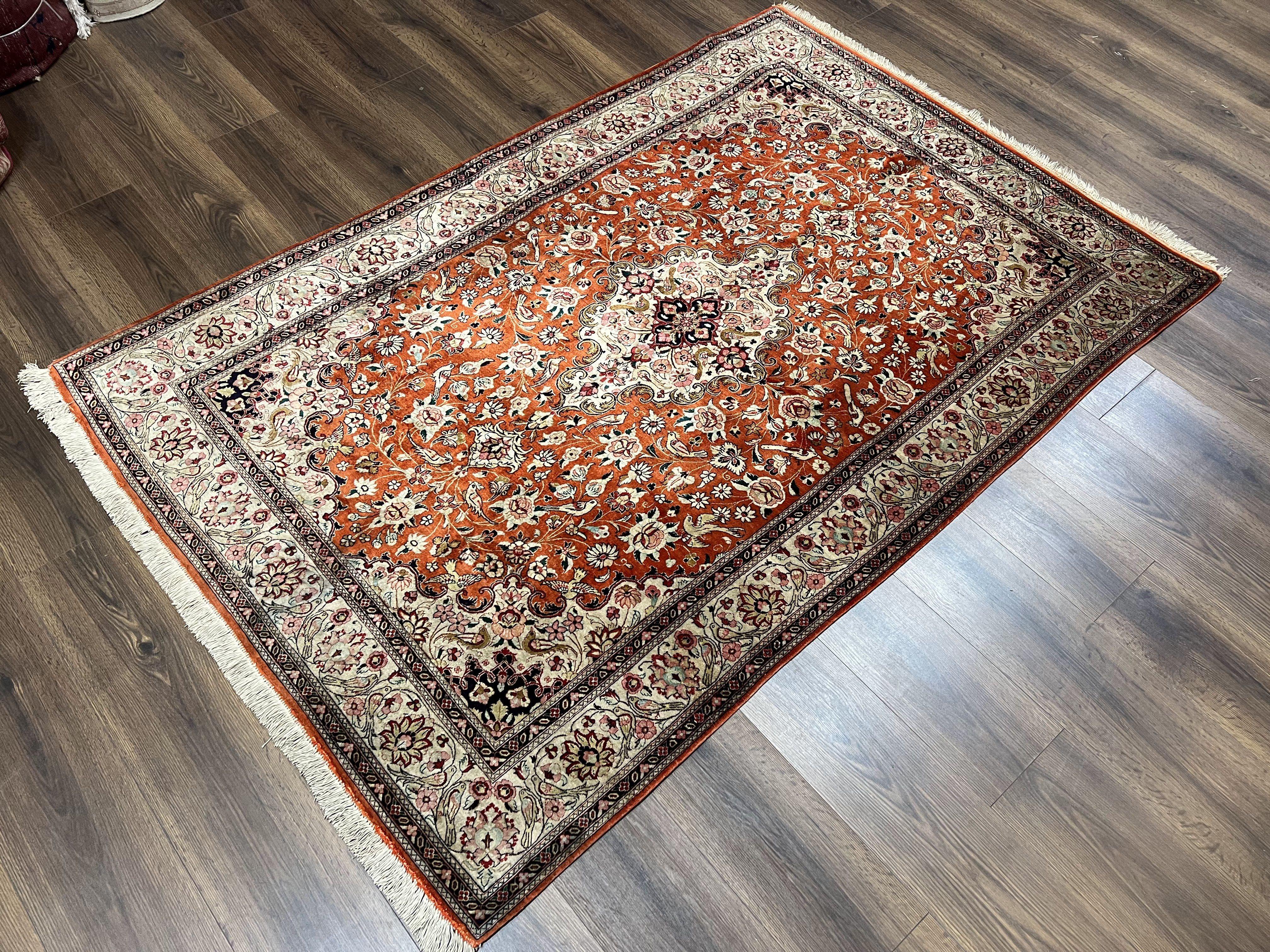 Persian Qum Silk Rug 5x7 - Floral Medallion, Birds, Orange-Red - Image 2