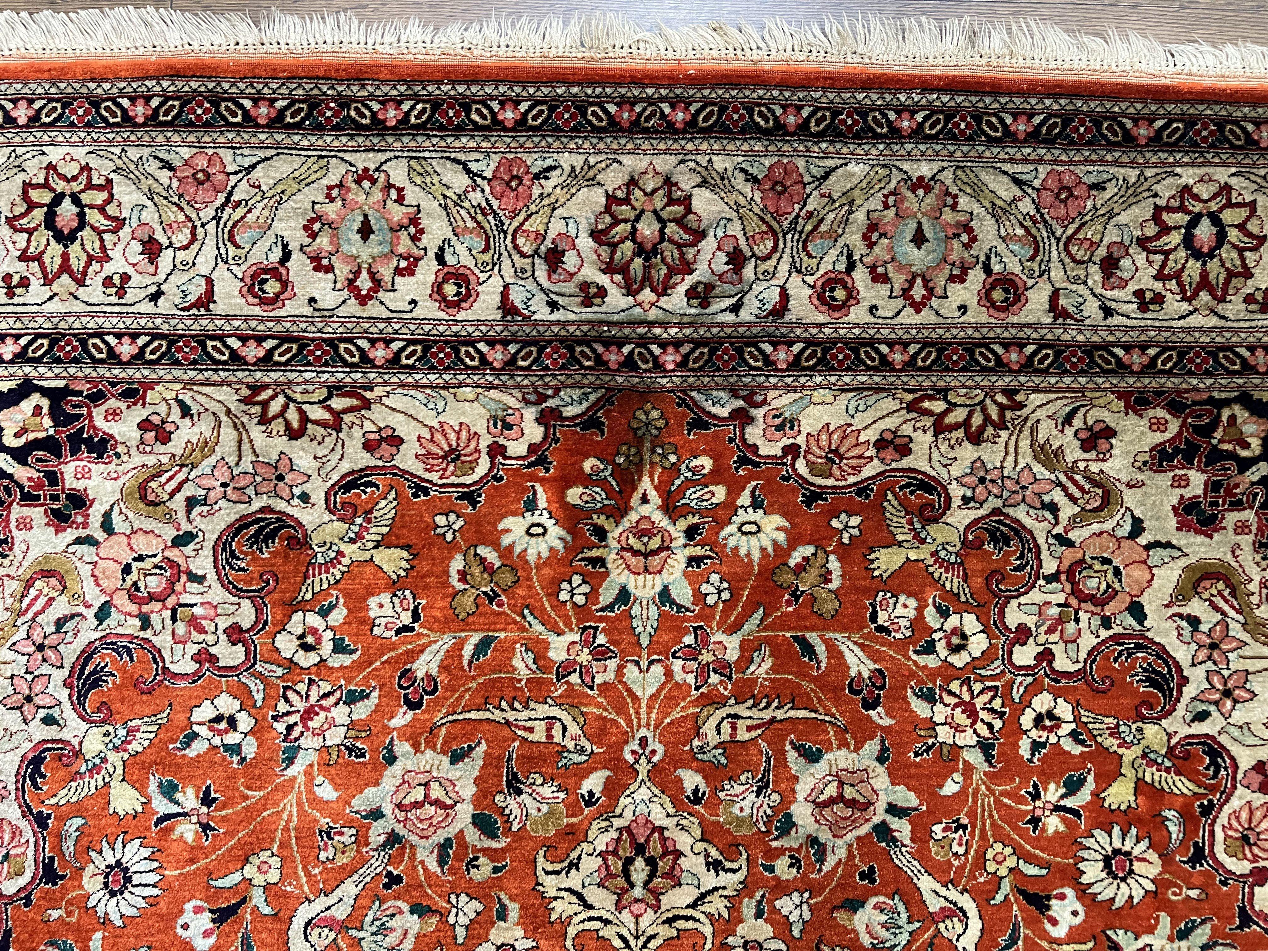 Persian Qum Silk Rug 5x7 - Floral Medallion, Birds, Orange-Red - Image 3