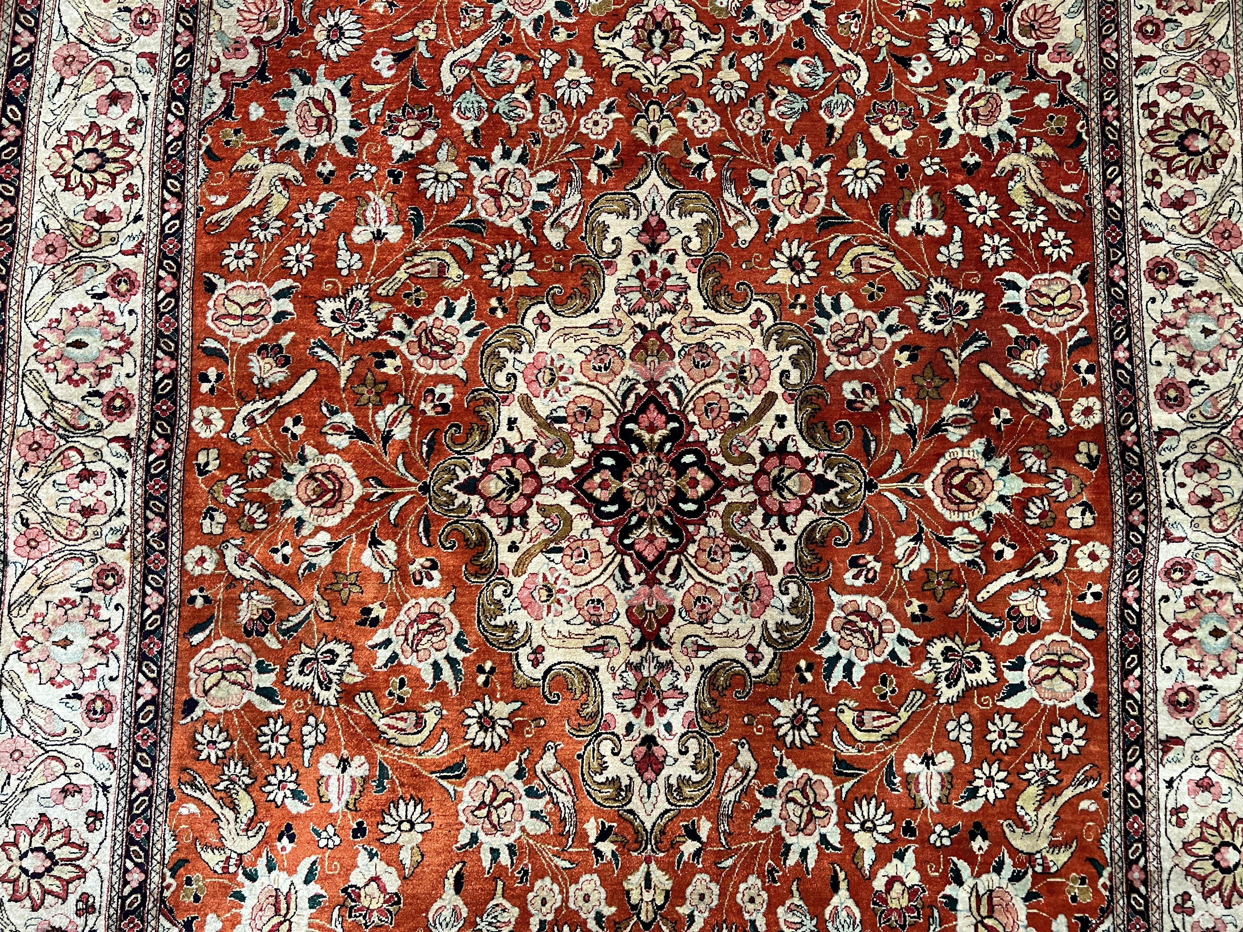 Persian Qum Silk Rug 5x7 - Floral Medallion, Birds, Orange-Red - Image 4