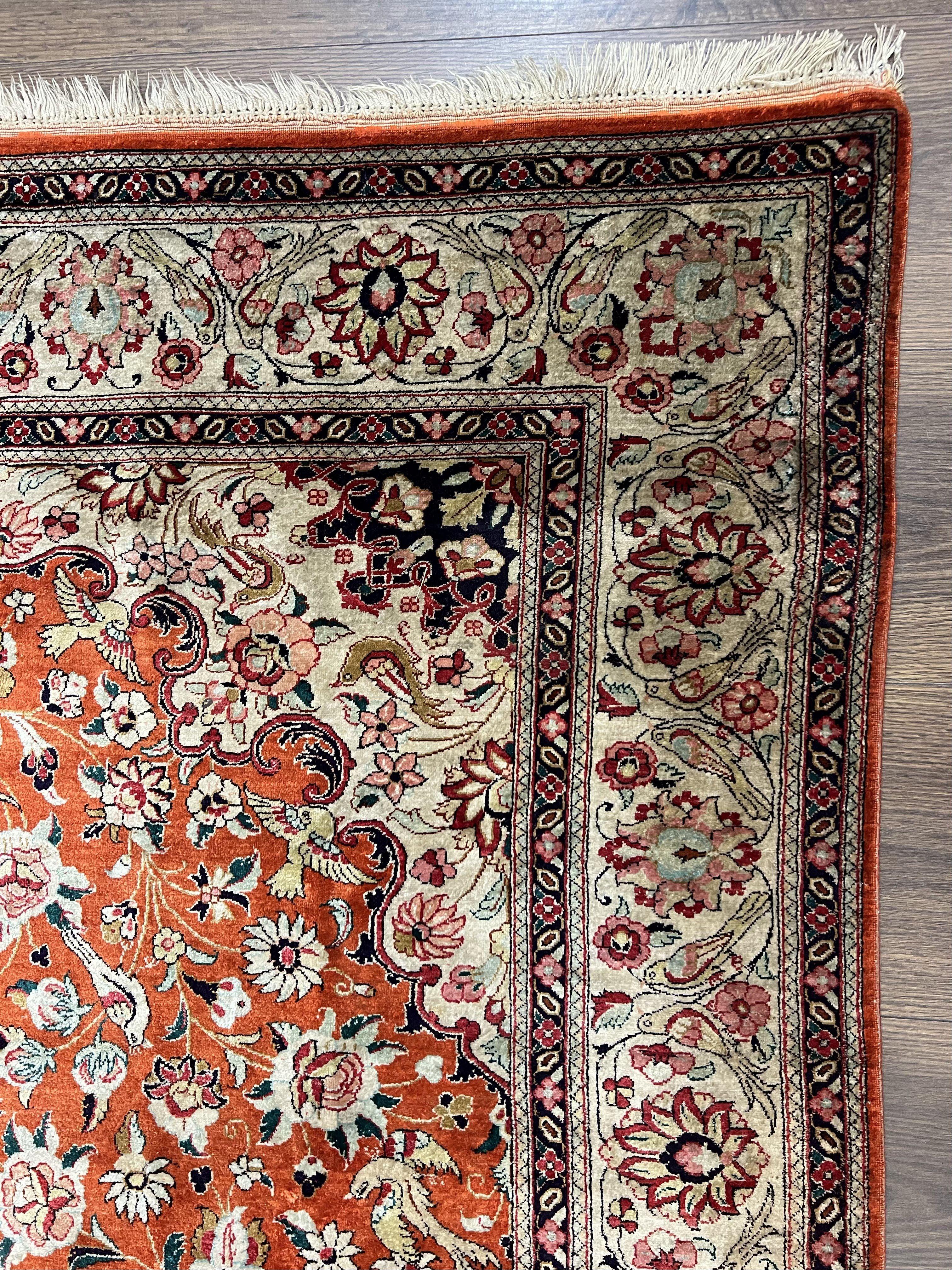 Persian Qum Silk Rug 5x7 - Floral Medallion, Birds, Orange-Red - Image 7