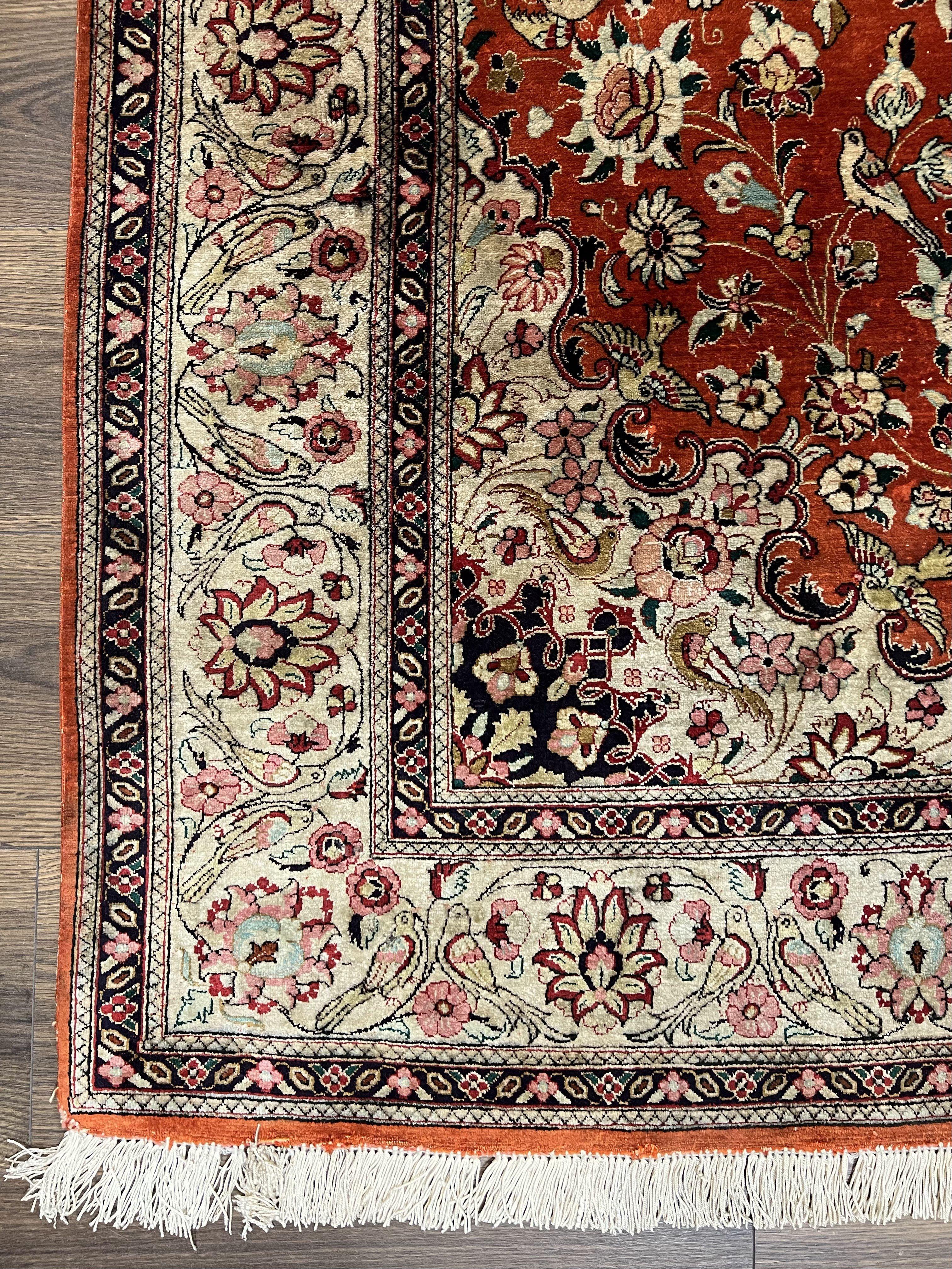 Persian Qum Silk Rug 5x7 - Floral Medallion, Birds, Orange-Red - Image 8