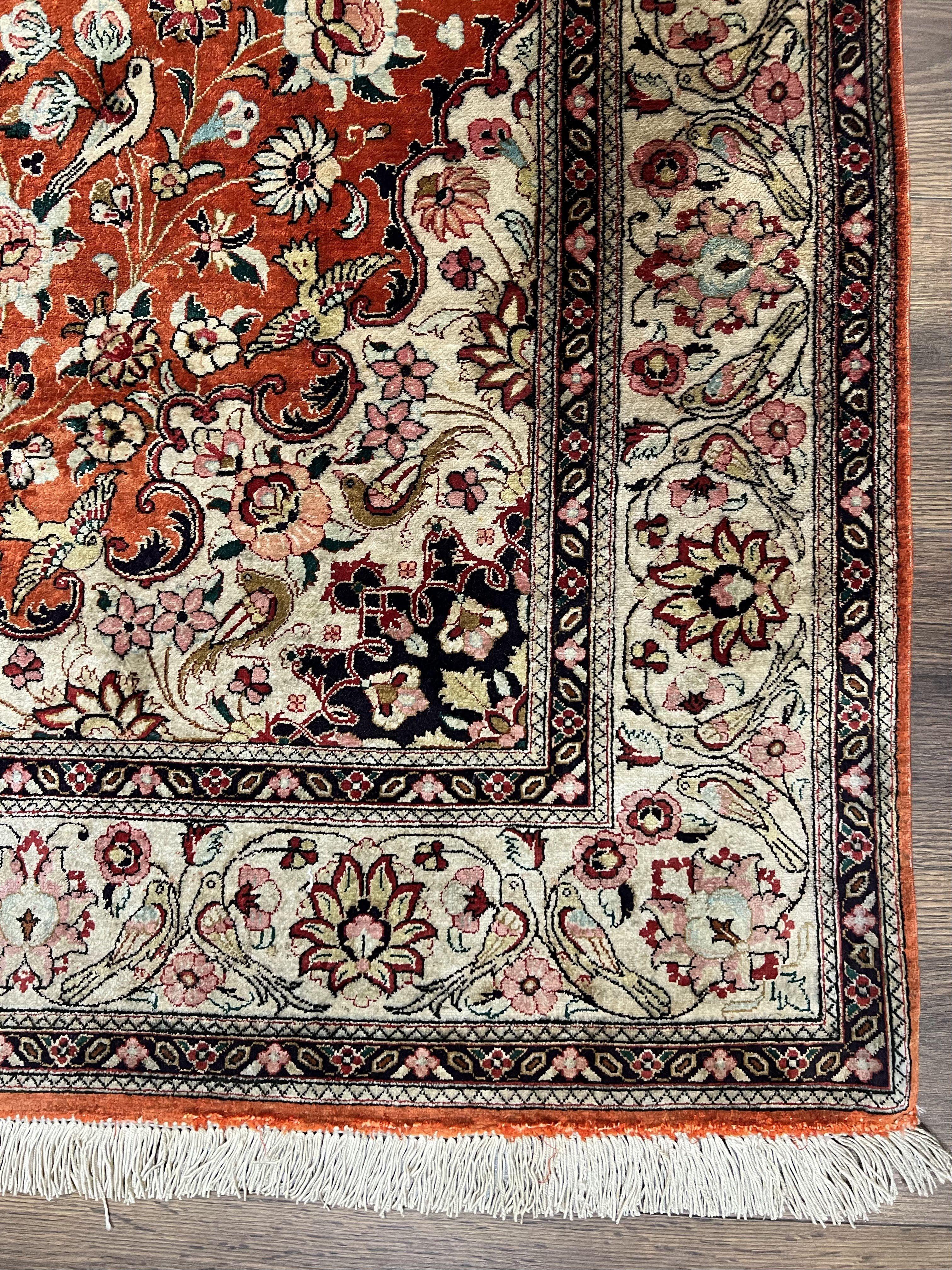 Persian Qum Silk Rug 5x7 - Floral Medallion, Birds, Orange-Red - Image 9