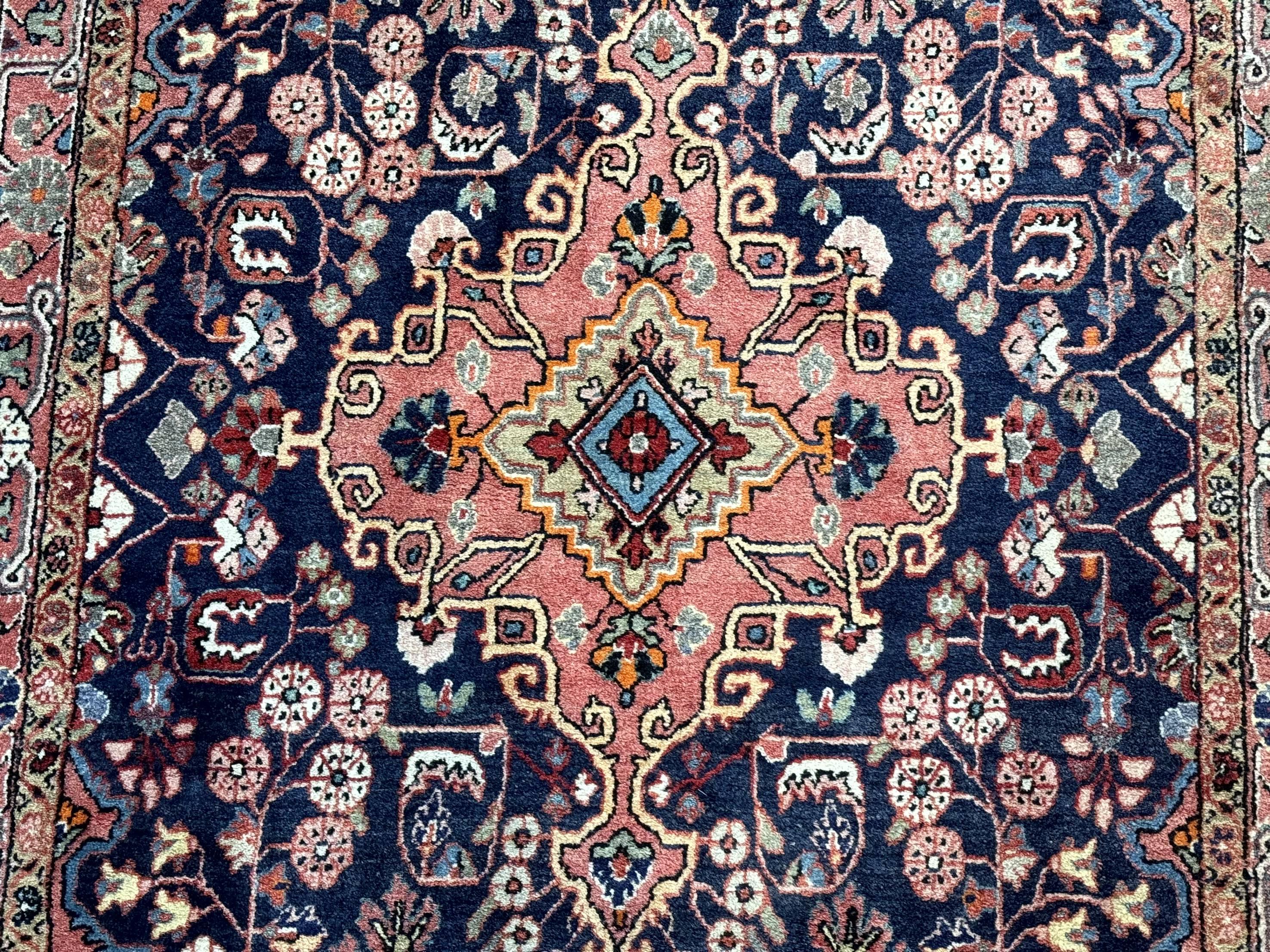 Persian Rug 3x5, Jozan Sarouk Rug, Navy Blue and Coral, Medallion Rug, Semi Antique - Image 4