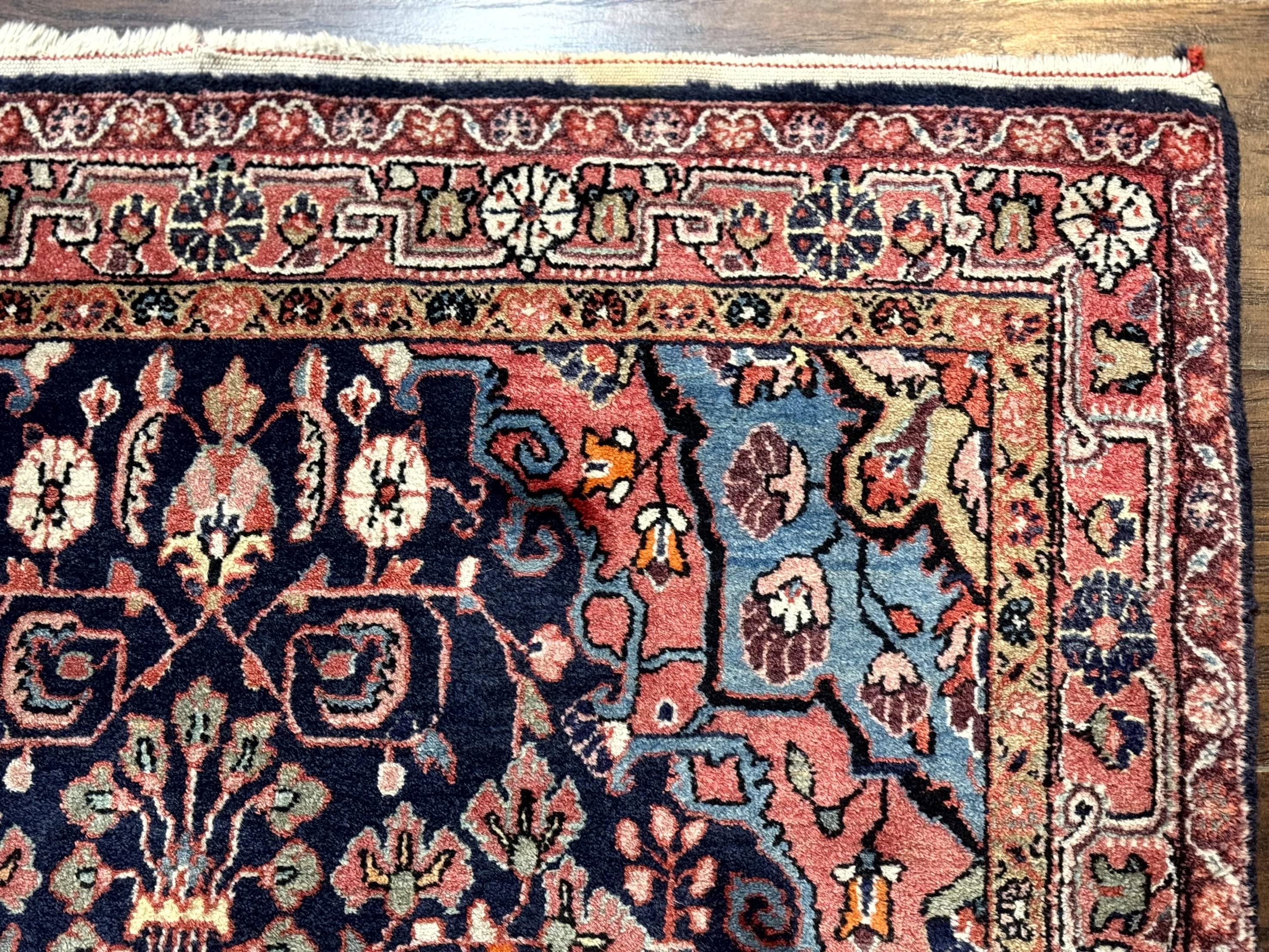 Persian Rug 3x5, Jozan Sarouk Rug, Navy Blue and Coral, Medallion Rug, Semi Antique - Image 7