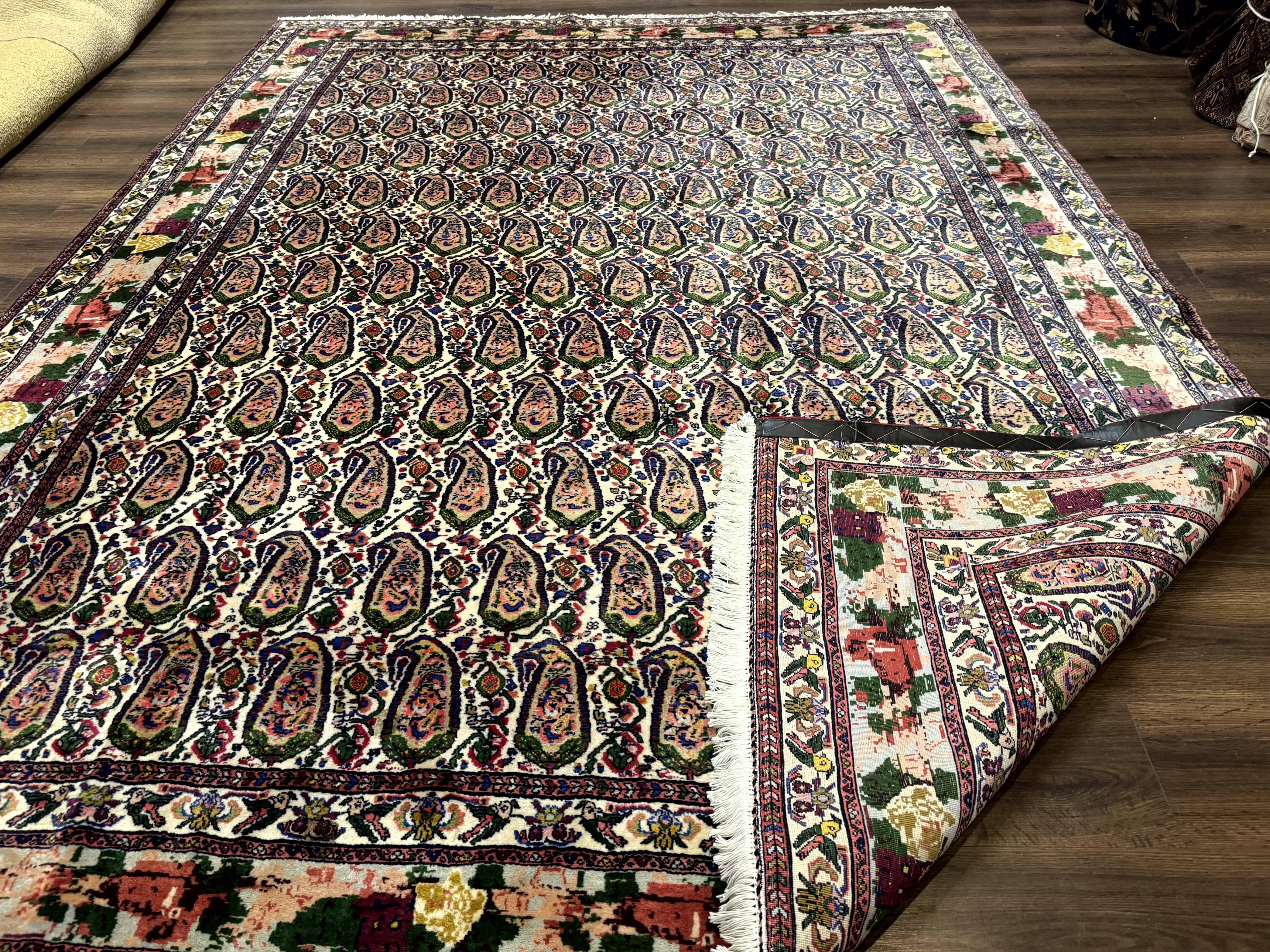 Persian Kurdish Rug 8x11, Repeated Allover Boteh Paisley Design, Bird Pictorials, Rare Antique Sannadaji Carpet - Image 12