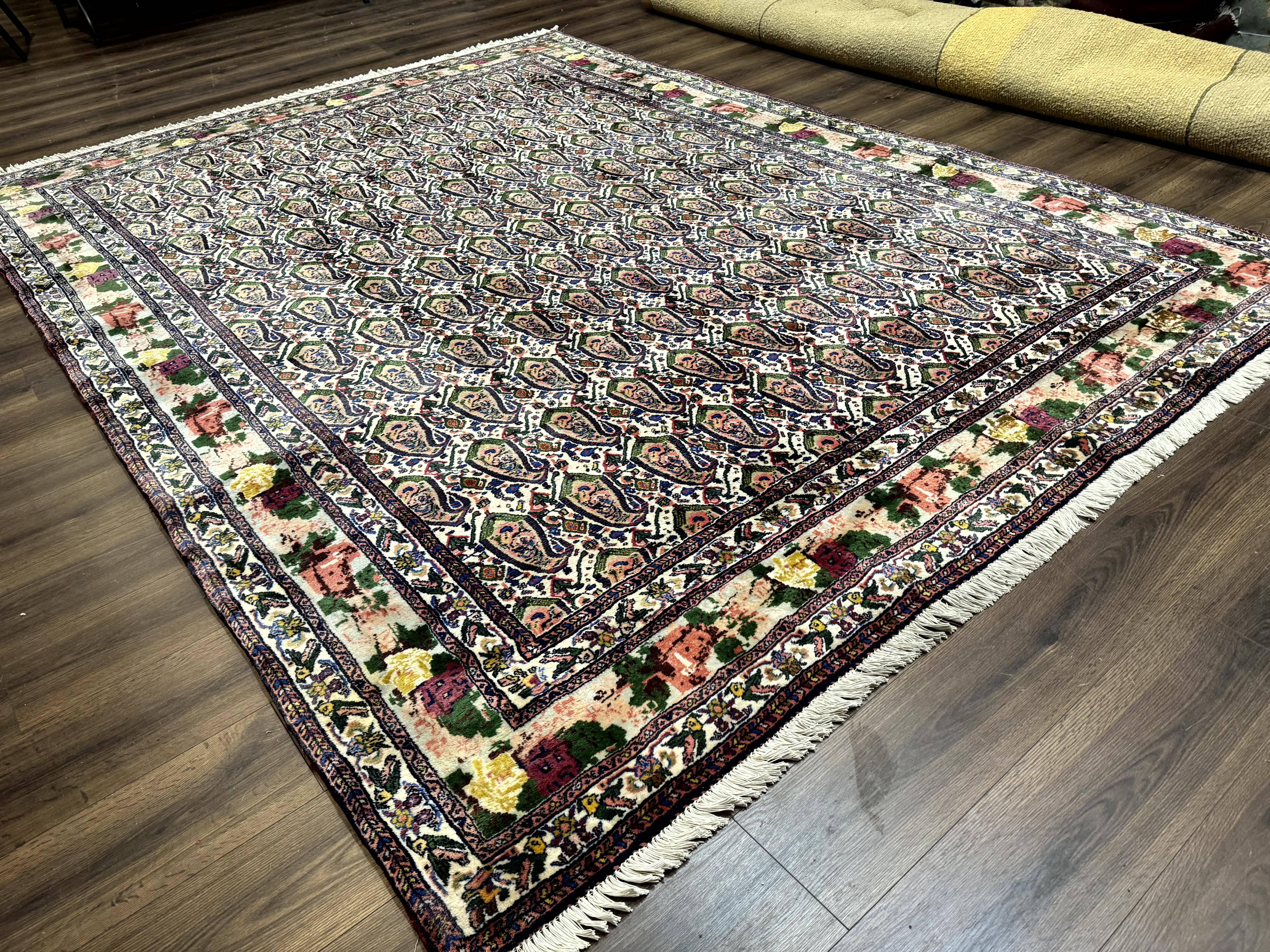 Persian Kurdish Rug 8x11, Repeated Allover Boteh Paisley Design, Bird Pictorials, Rare Antique Sannadaji Carpet - Image 13