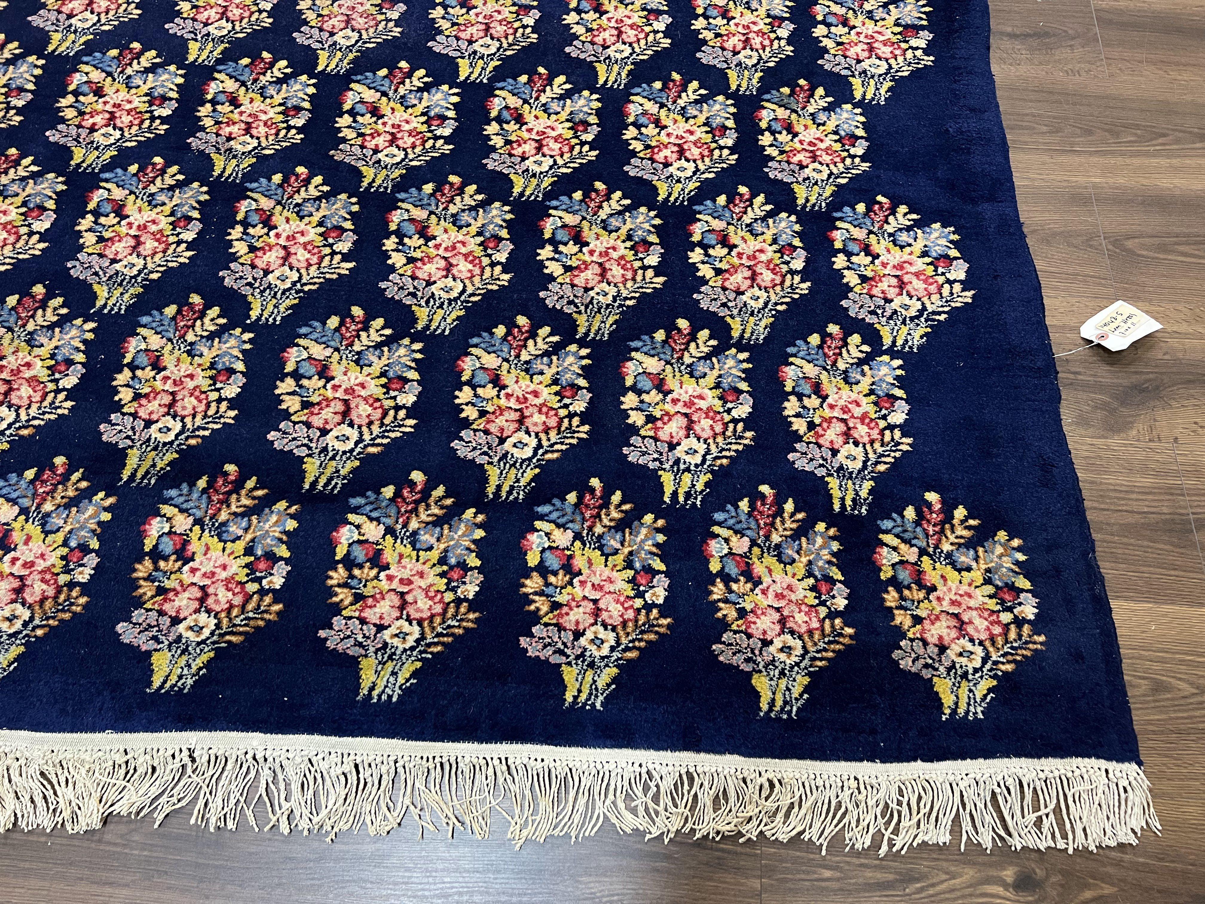 Persian Rug 9x12, Authentic Hand Knotted Carpet, Repeated Floral Motif Garden of Eden, Navy Blue Wool Rug 9 x 12, Semi Antique Kirman Rug - Image 9