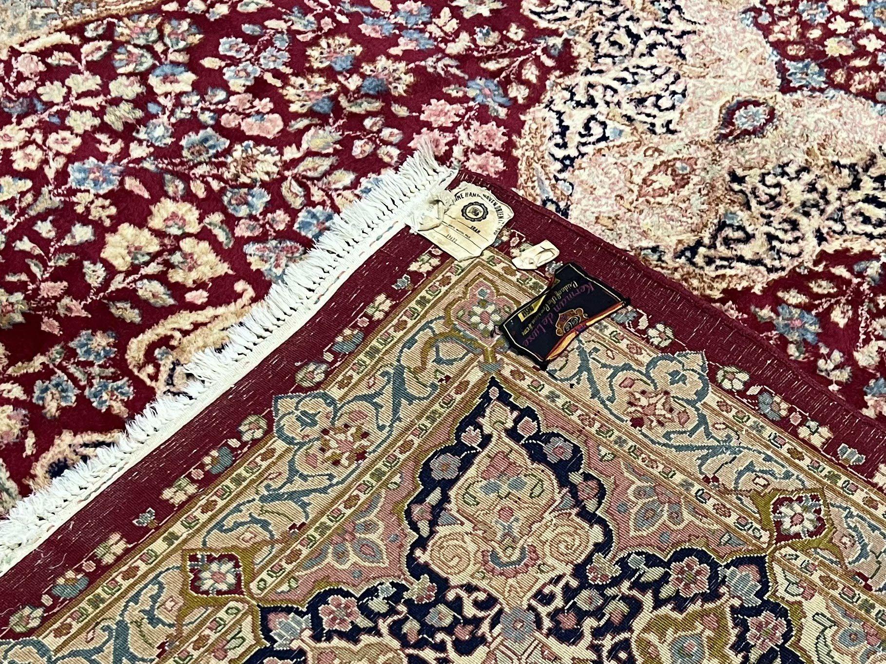 Persian Rug 9x12, Kirman DeLuxe, Millefleur Floral Medallion Carpet, Maroon Light Blue Beige, Semi Antique Authentic Hand Knotted Wool Rug - Image 10