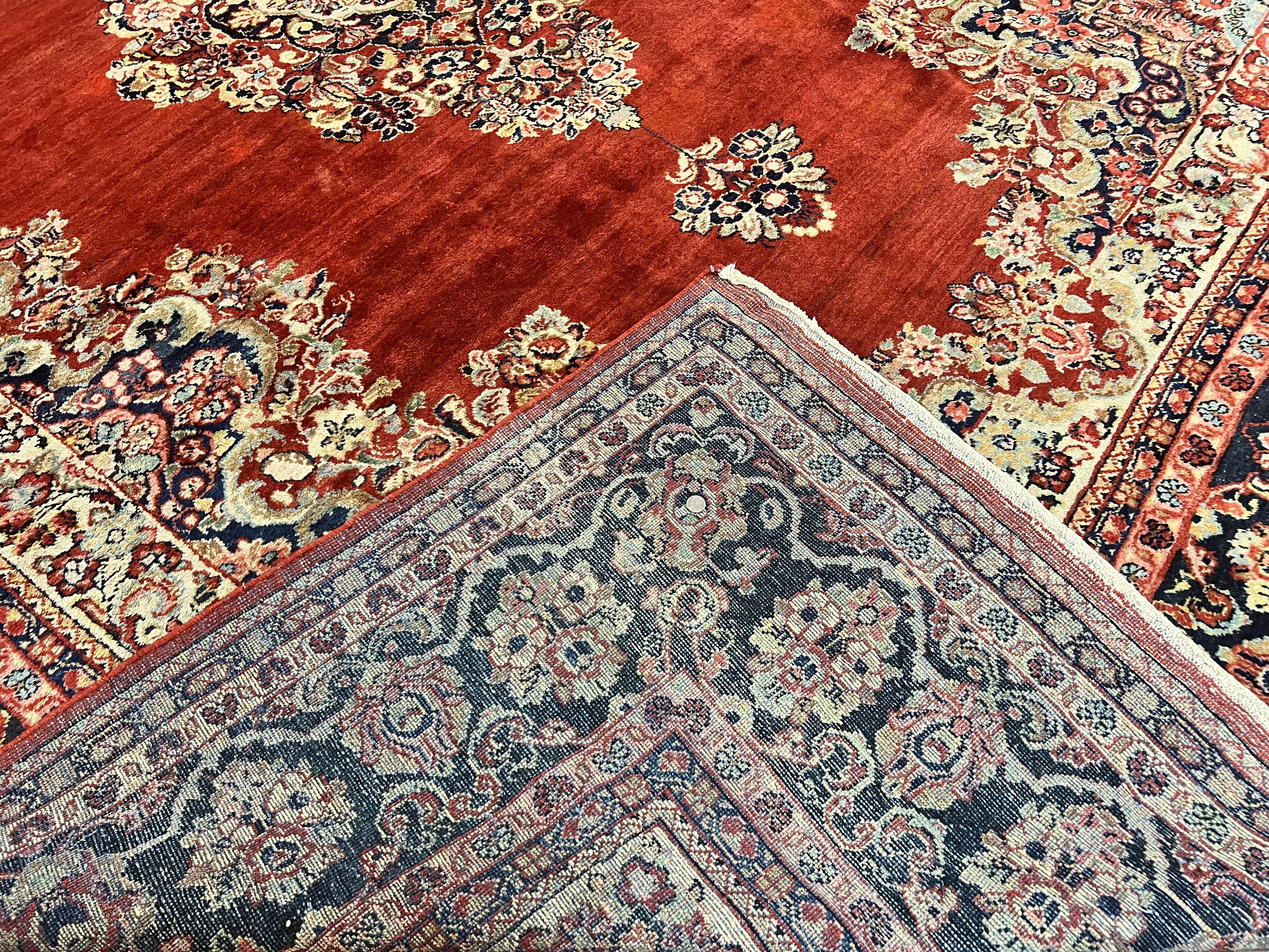 Persian Sarouk Rug 11x14, Semi Open Field, Large Antique Persian Wool Handmade Carpet, Red and Dark Blue, Floral - Image 10