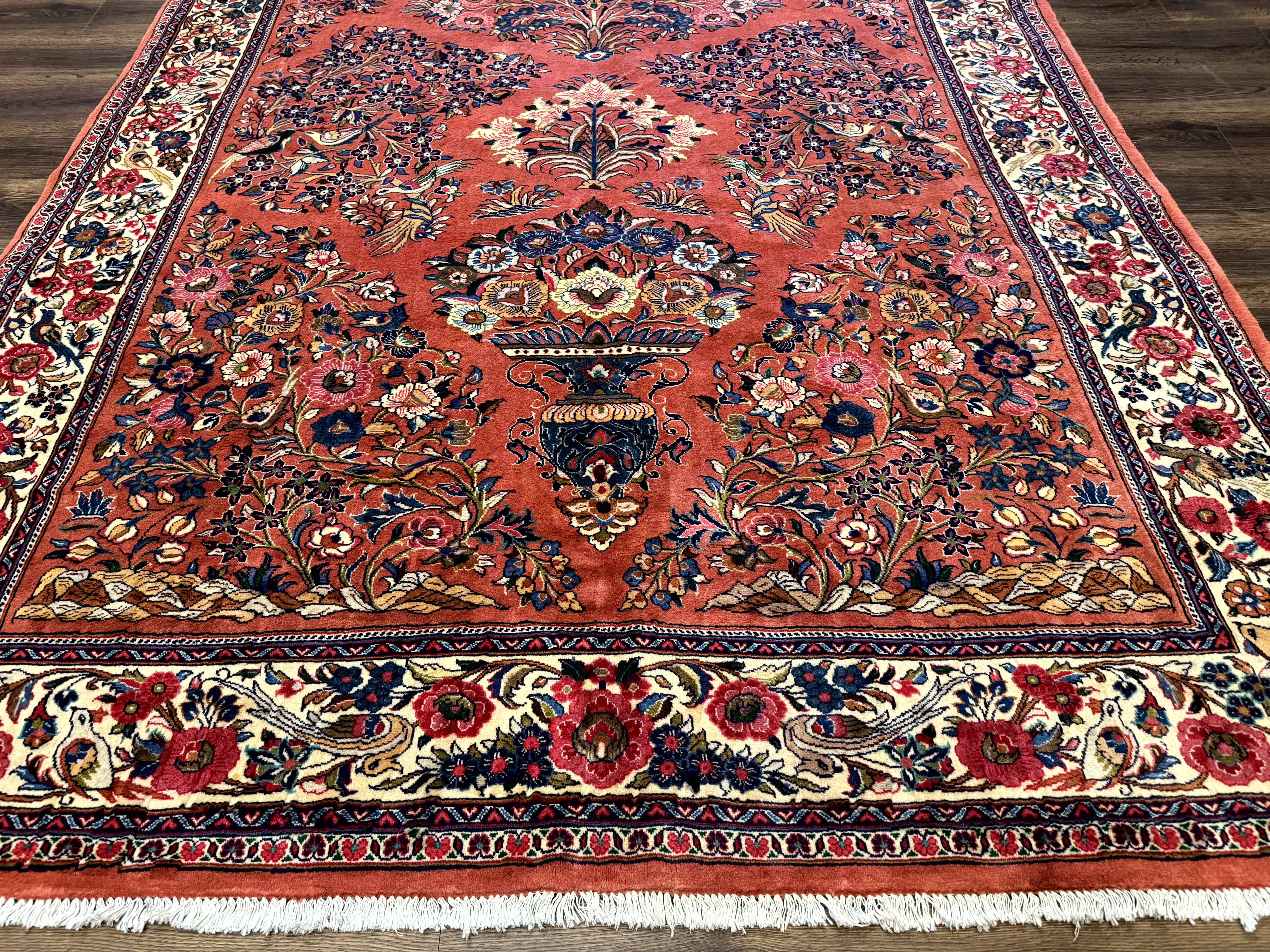 Persian Sarouk Rug 7x10, Red and Ivory, Floral Bouquets, Birds - Image 5
