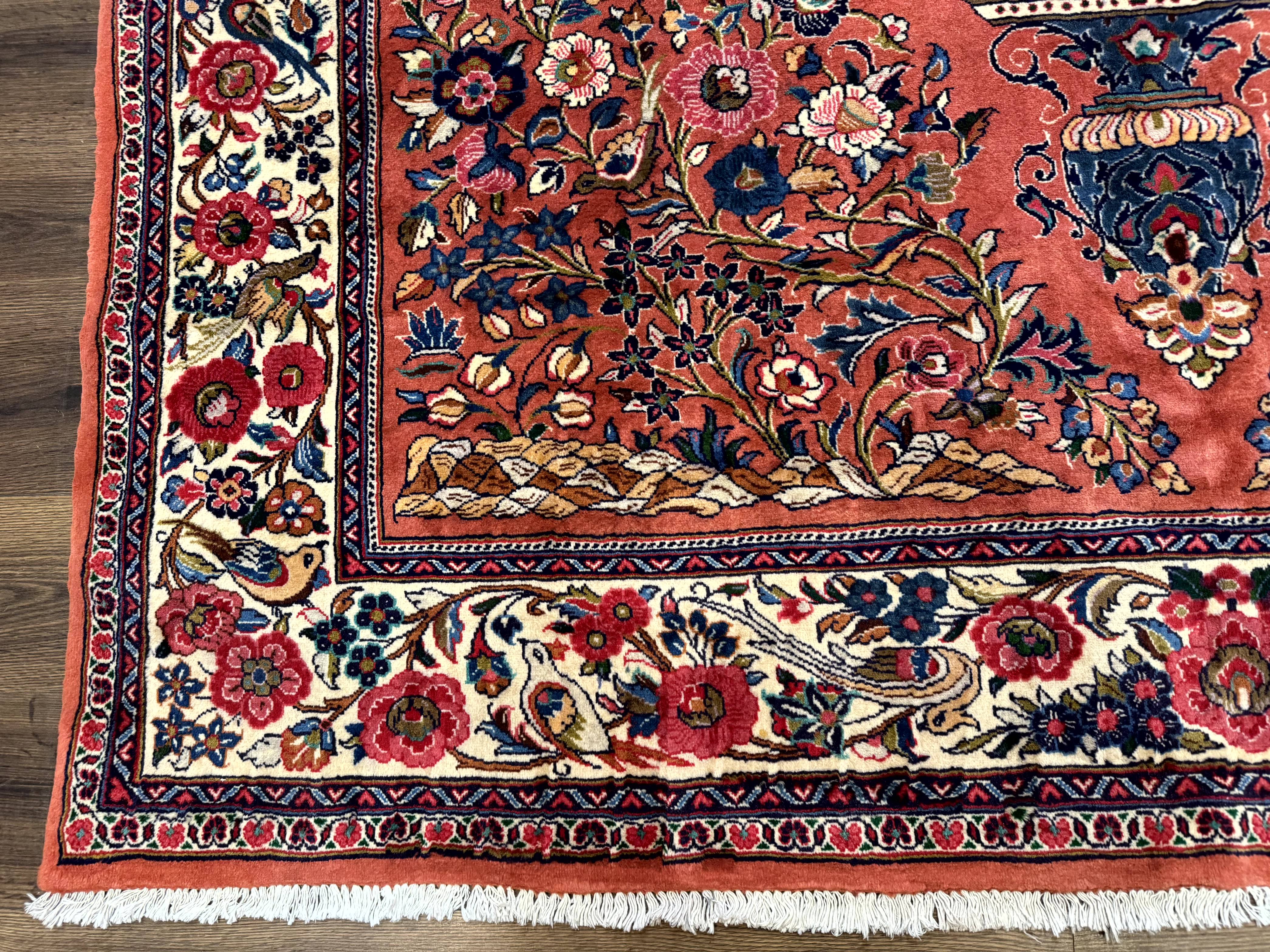 Persian Sarouk Rug 7x10, Red and Ivory, Floral Bouquets, Birds - Image 8
