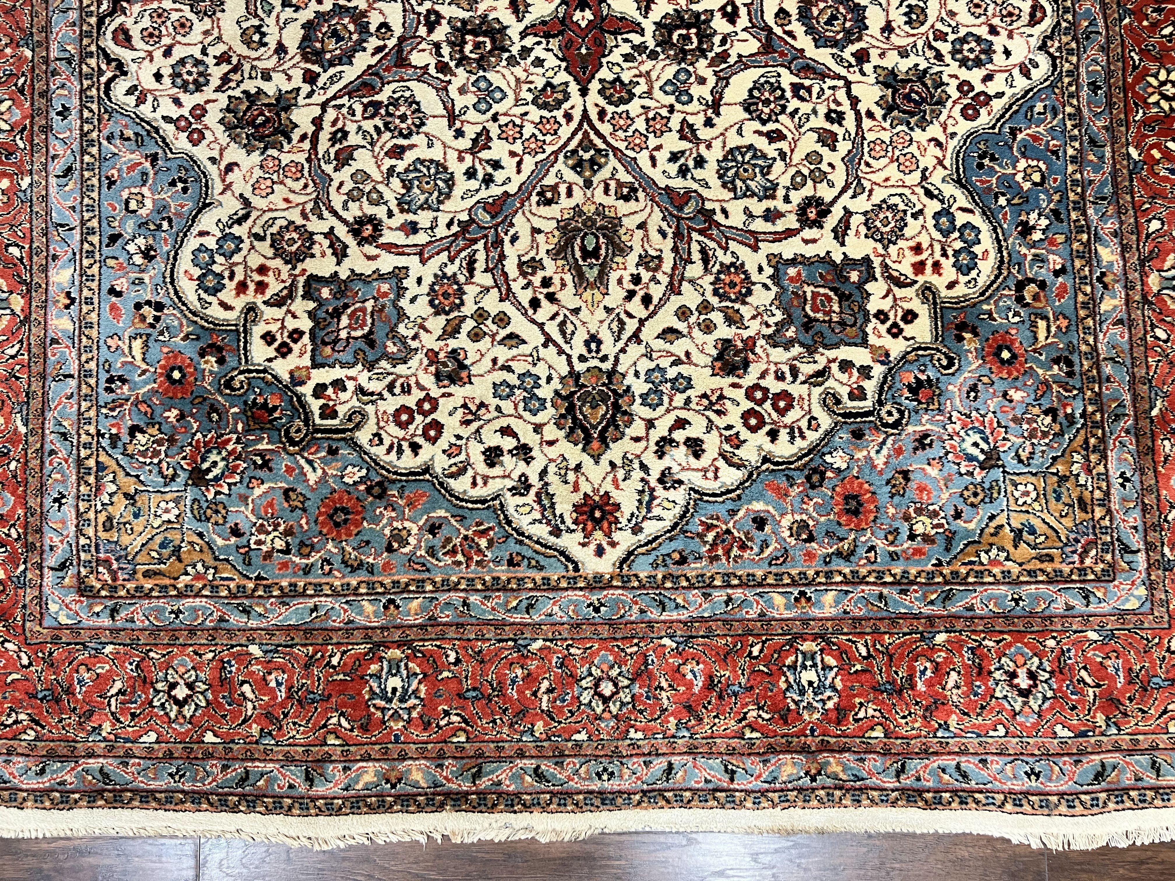 Persian Sarouk Rug 8x12, Wool Hand Knotted Antique Carpet, Floral Medallion, Cream Red, Traditional Oriental Rug - Image 5