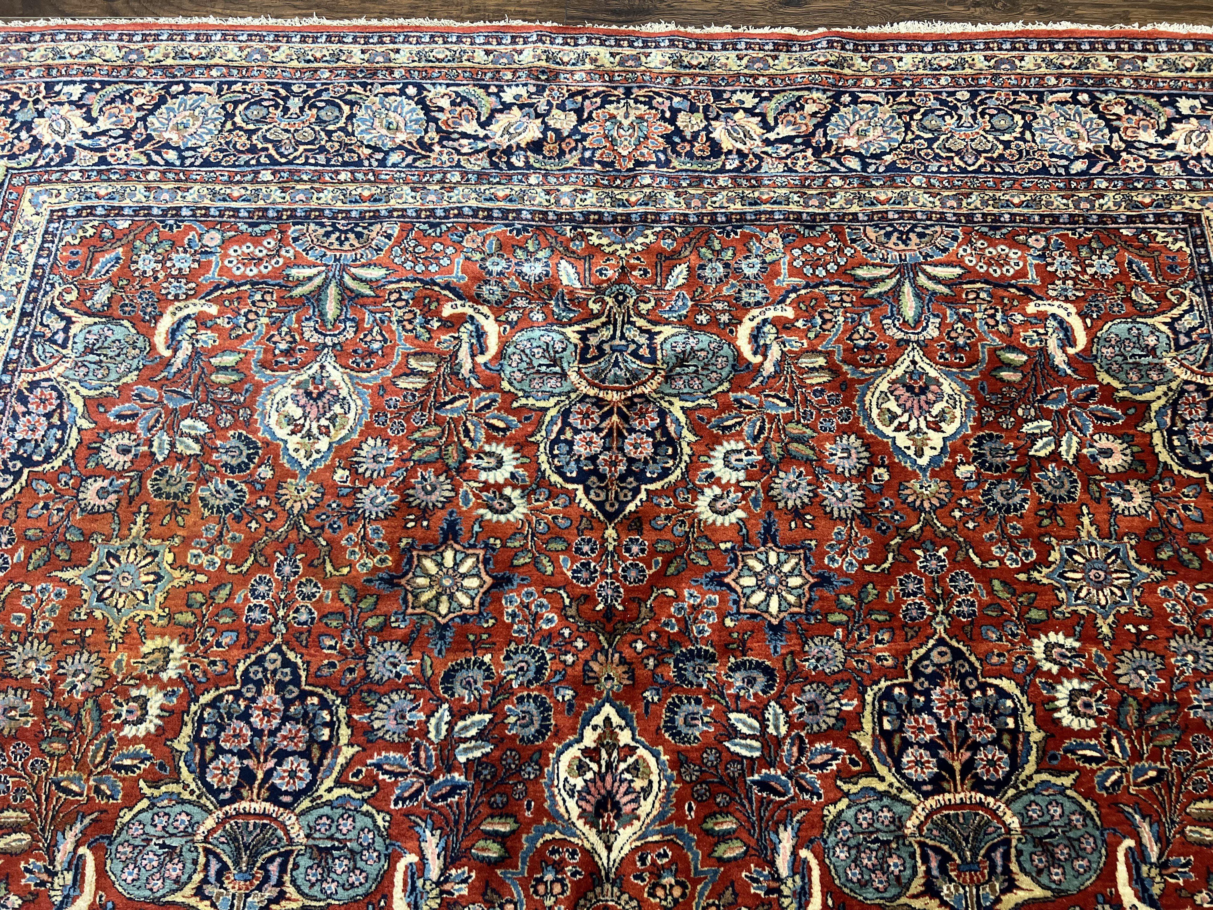 Persian Sarouk Rug 9x12, Red and Dark Blue Floral Allover Antique Persian Carpet, Handmade Wool Qazvin Rug - Image 3
