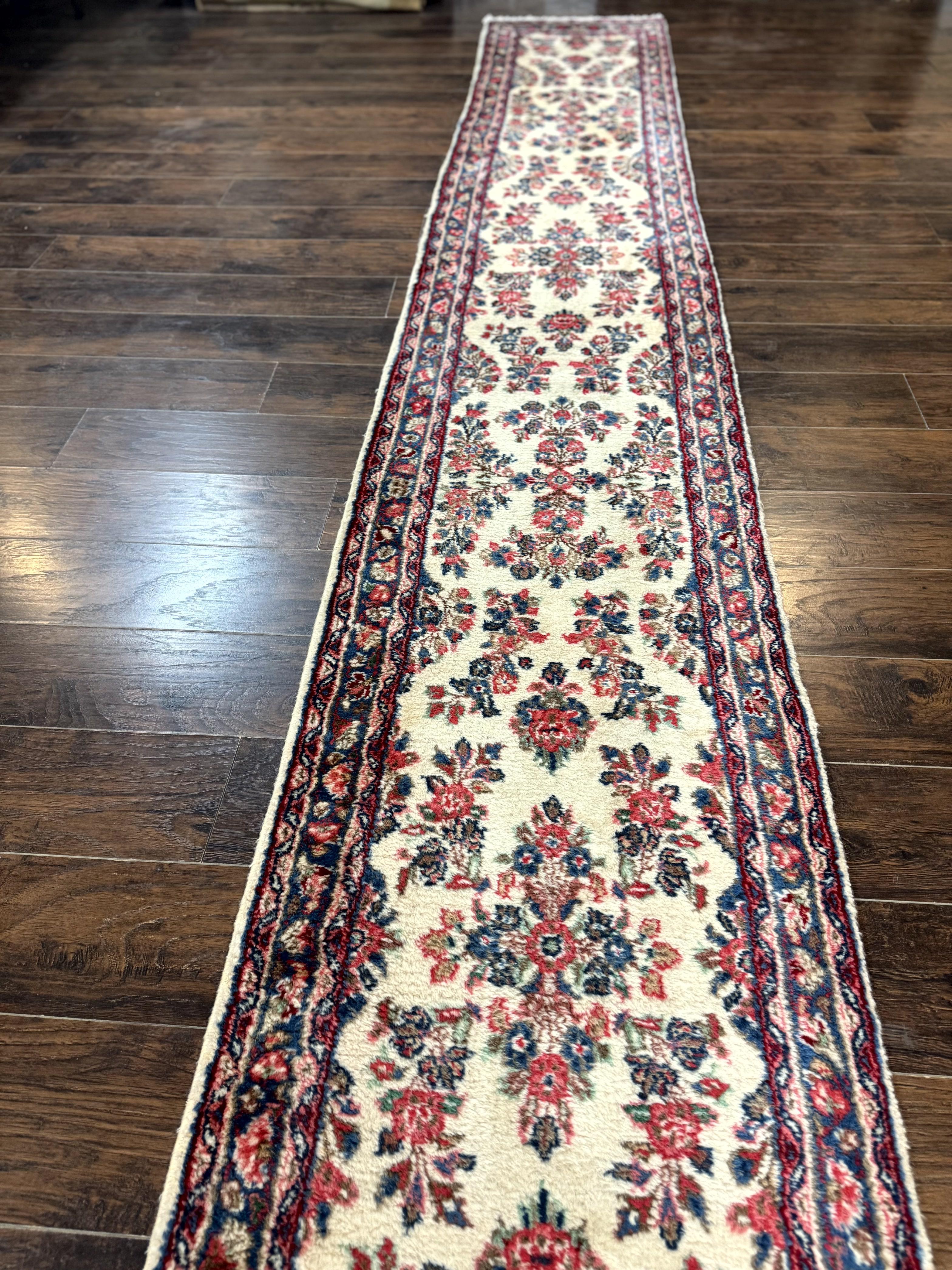 Persian Sarouk Runner Rug 2.4 x 21, Handmade Wool Floral Runner Rug for Hallway, 21ft Runner, Ivory - Image 2
