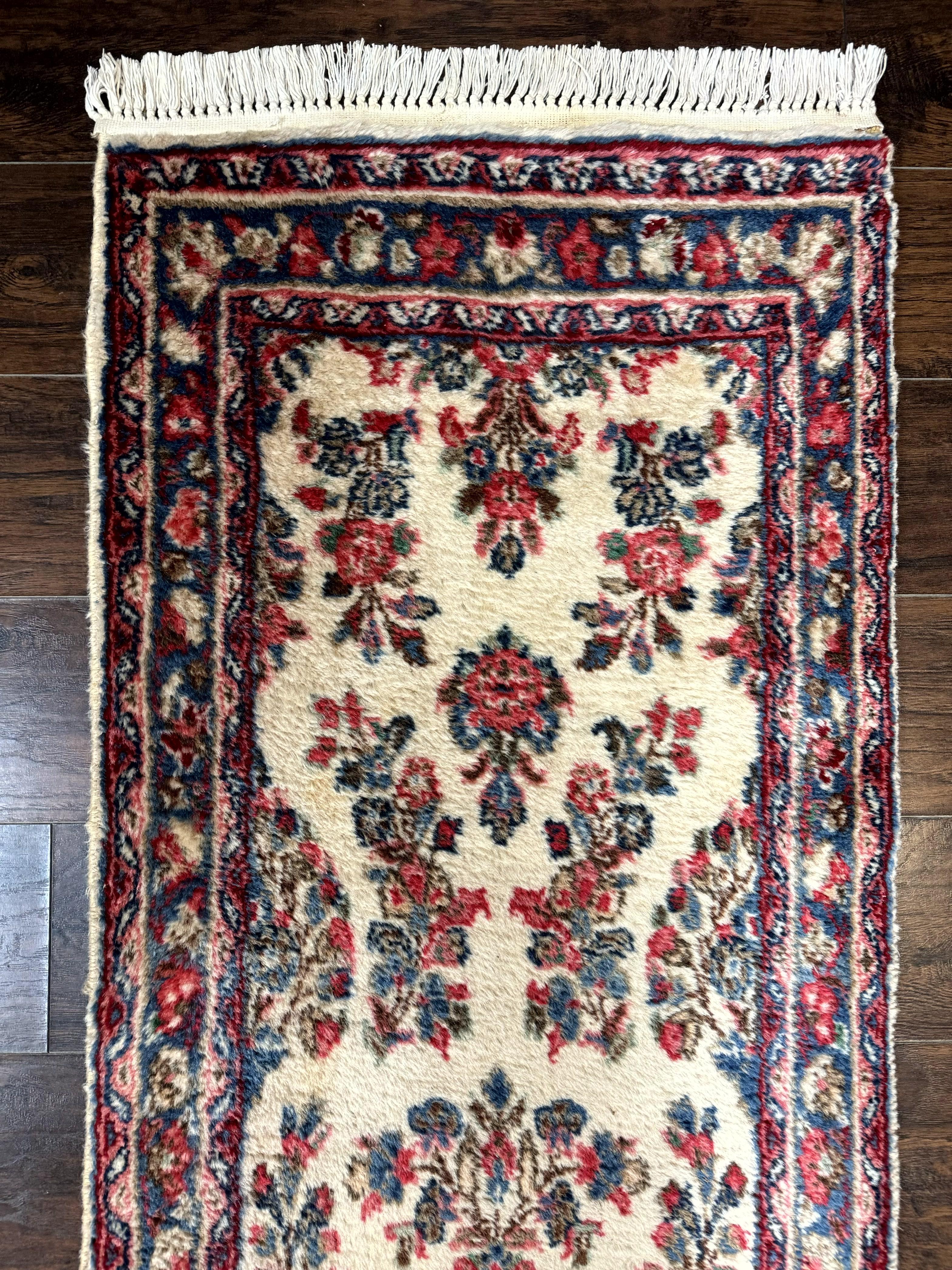 Persian Sarouk Runner Rug 2.4 x 21, Handmade Wool Floral Runner Rug for Hallway, 21ft Runner, Ivory - Image 3