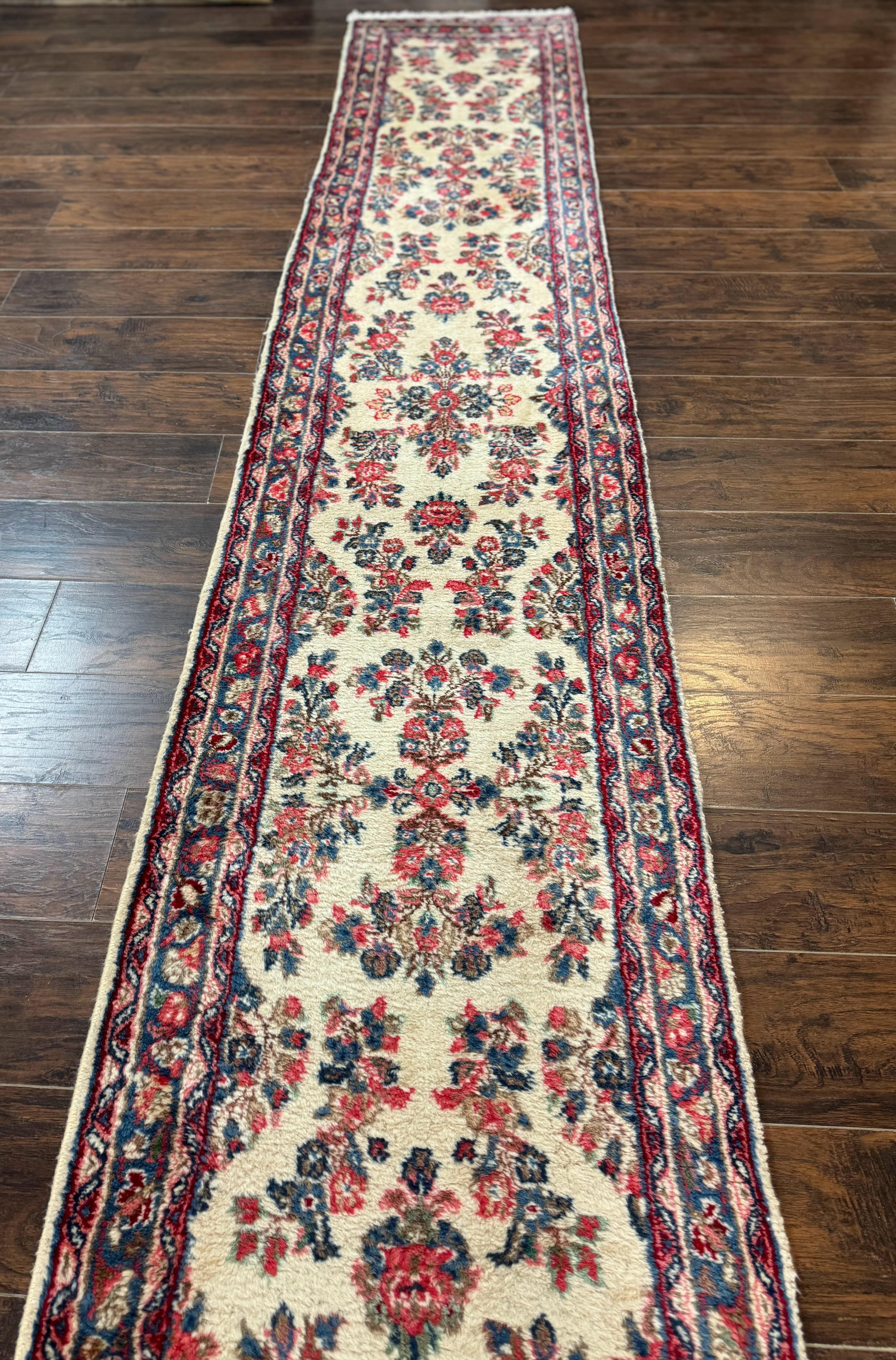 Persian Sarouk Runner Rug 2.4 x 21, Handmade Wool Floral Runner Rug for Hallway, 21ft Runner, Ivory - Image 9