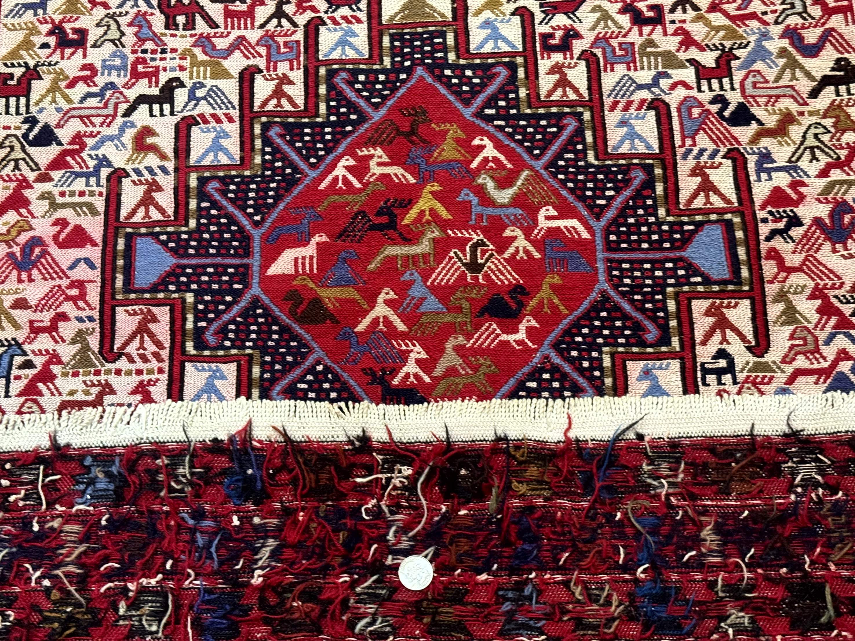 Persian Soumak Kilim Rug 4x6, Triple Medallions Tribal Pictorials, Caucasian Azerbaijani Kilim - Image 10