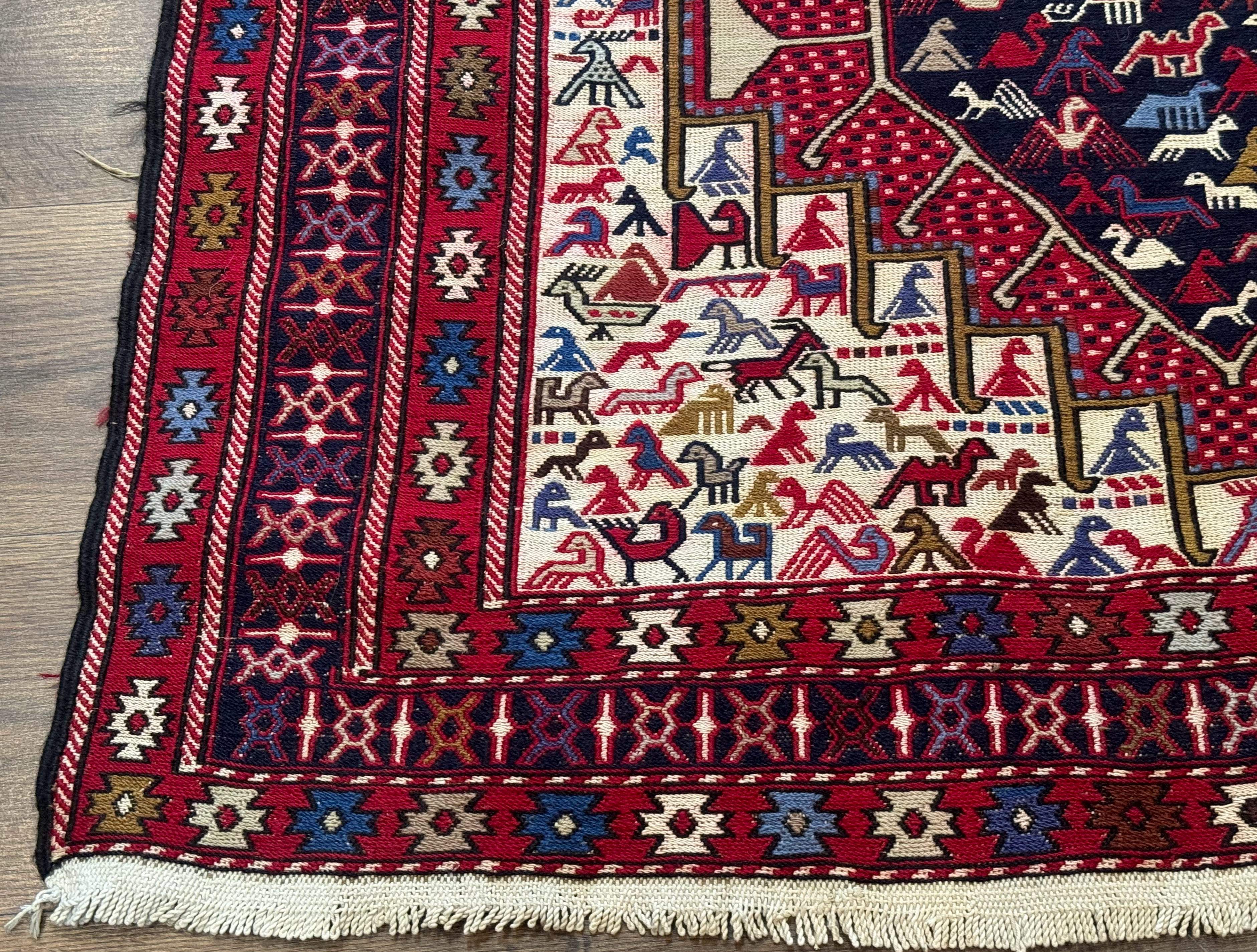Persian Soumak Kilim Rug 4x6, Triple Medallions Tribal Pictorials, Caucasian Azerbaijani Kilim - Image 8