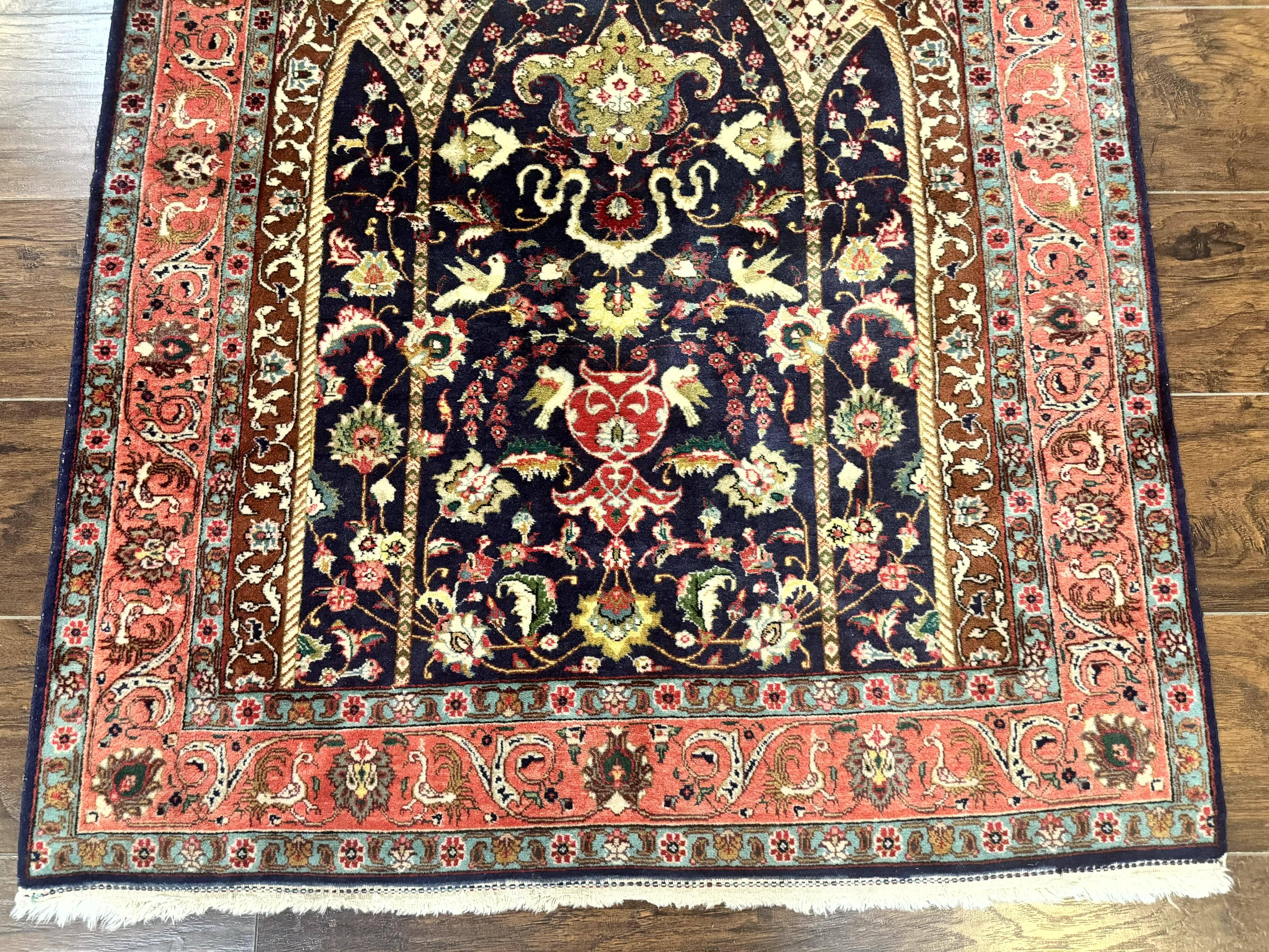Persian Tabriz Rug 3x4, Navy Blue, Birds, Floral, Prayer Rug, Handmade Wool Rug, Finely Hand Knotted 325 KPSI - Image 5
