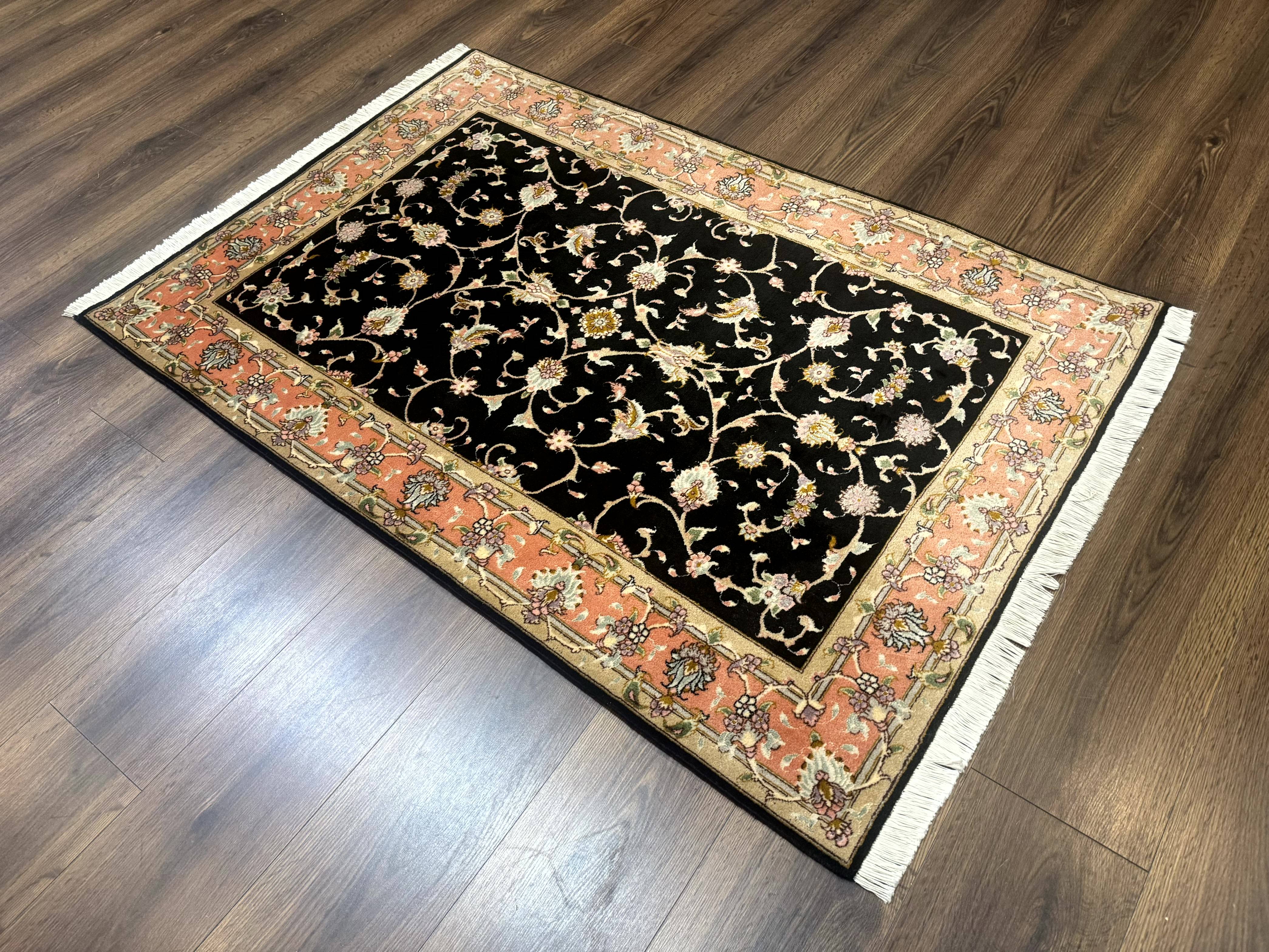 Persian Tabriz Rug 3x5 Black and Salmon Floral Fine Handmade 360 KPSI - Image 12