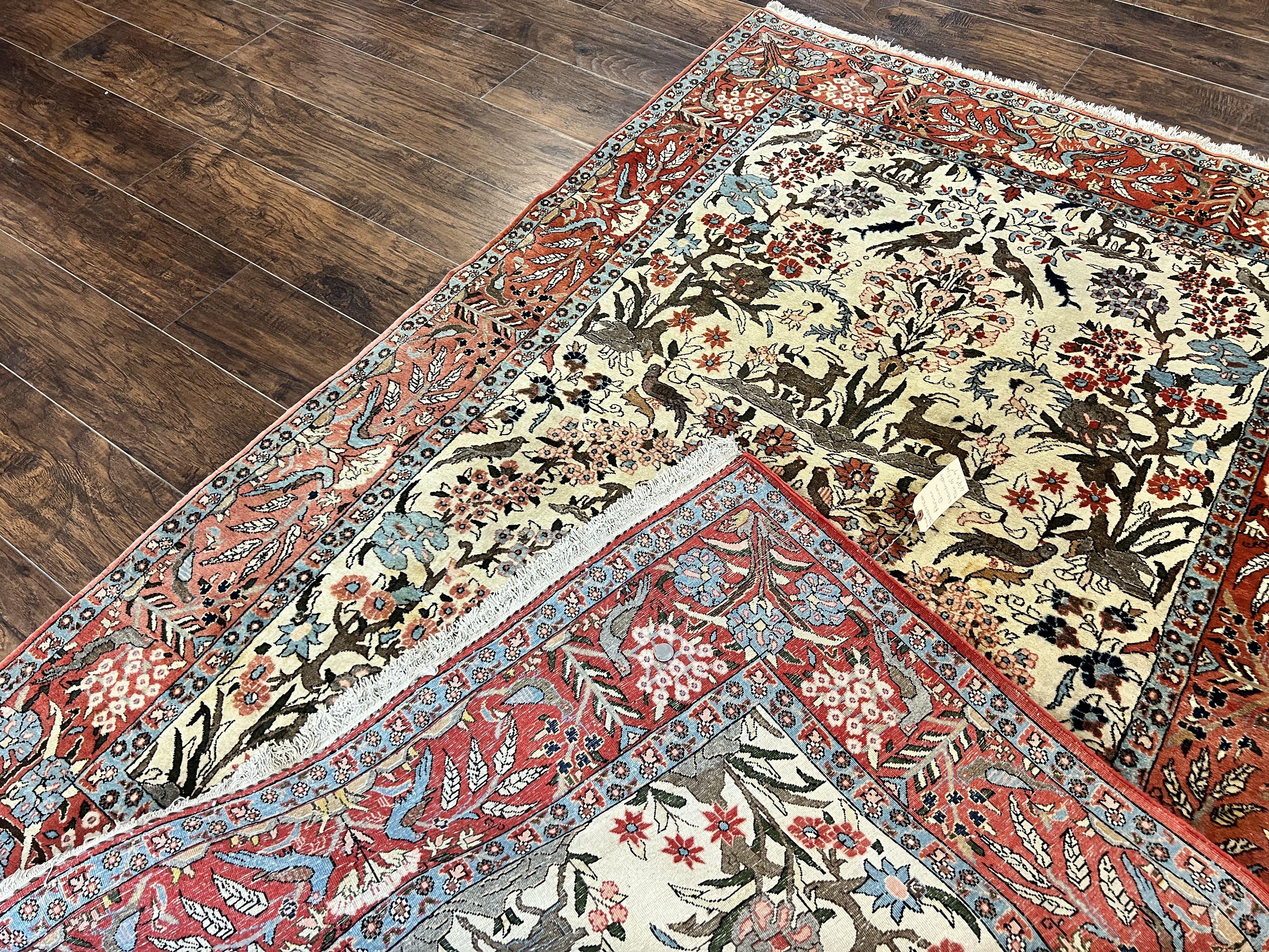 Persian Tree of Life 5x7, Qum Rug, Animal Motifs, Deer Birds, Fine 225 KPSI, Semi Antique Wool Rug, Cream Red - Image 11