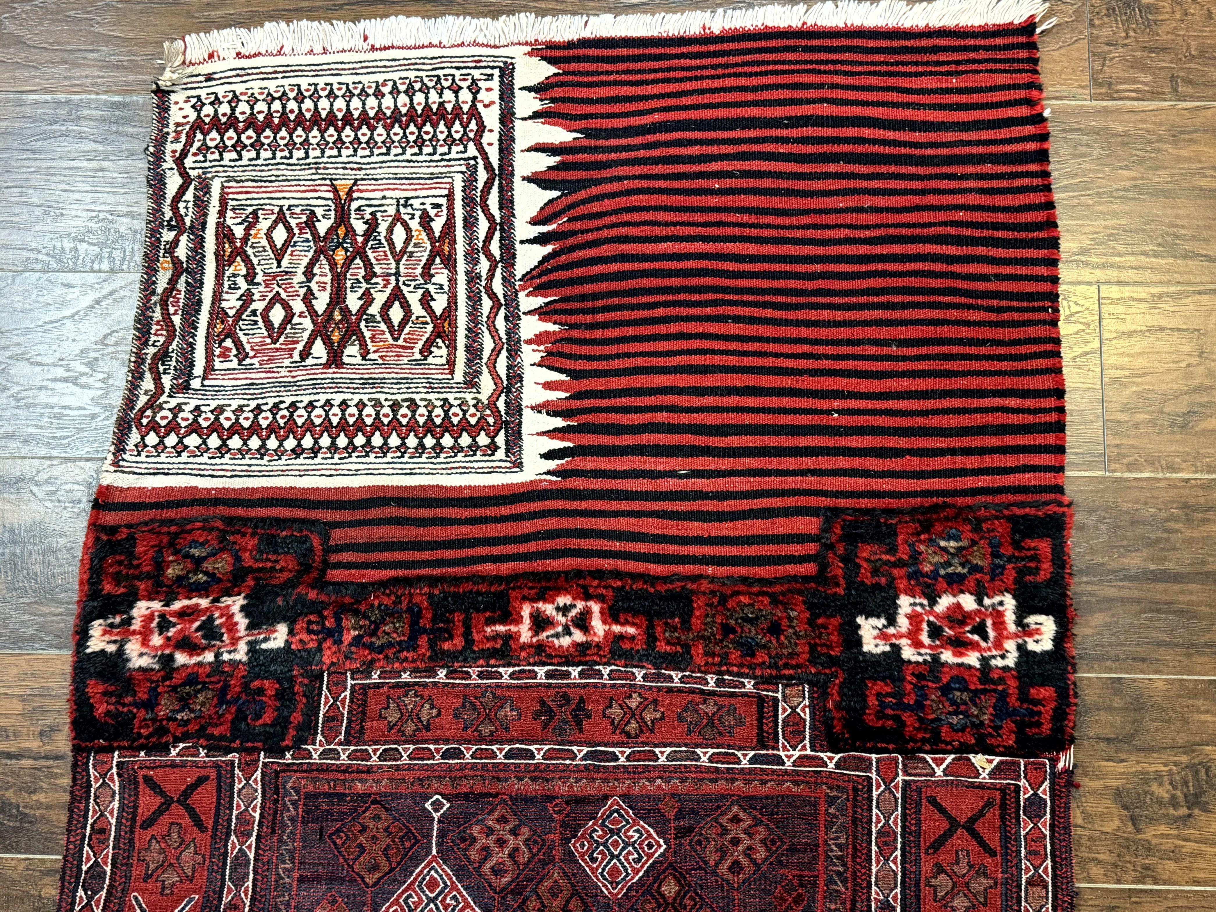 Persian Tribal Nomadic Saddle Cover Rug, Antique, Handmade, Wool, Red Ivory Black, Collectible, Shahsavan - Image 3