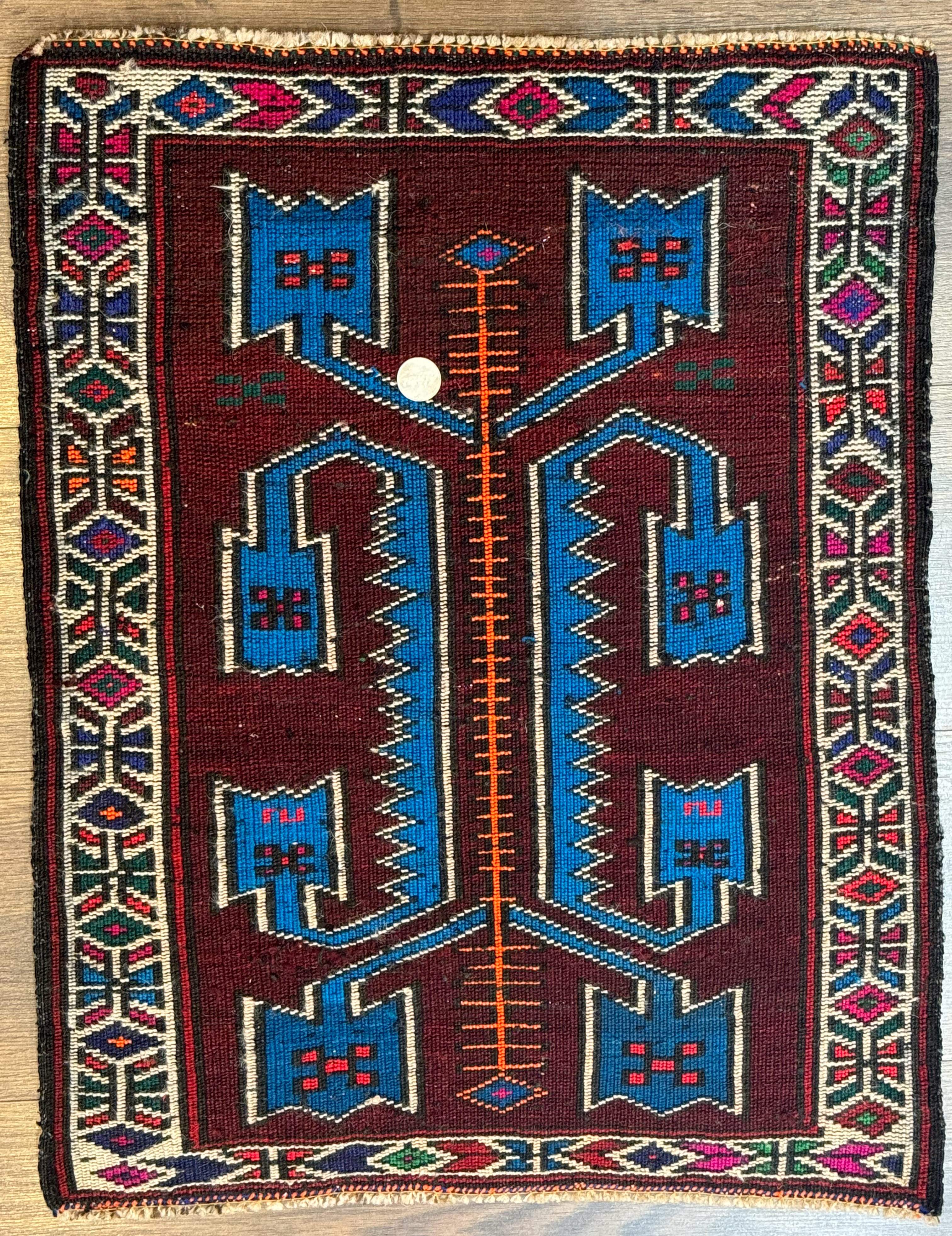 Persian Tribal Rug 1.8 x 2, Small Balouchi Rug, Unique Design, Burgundy and Blue - Image 11