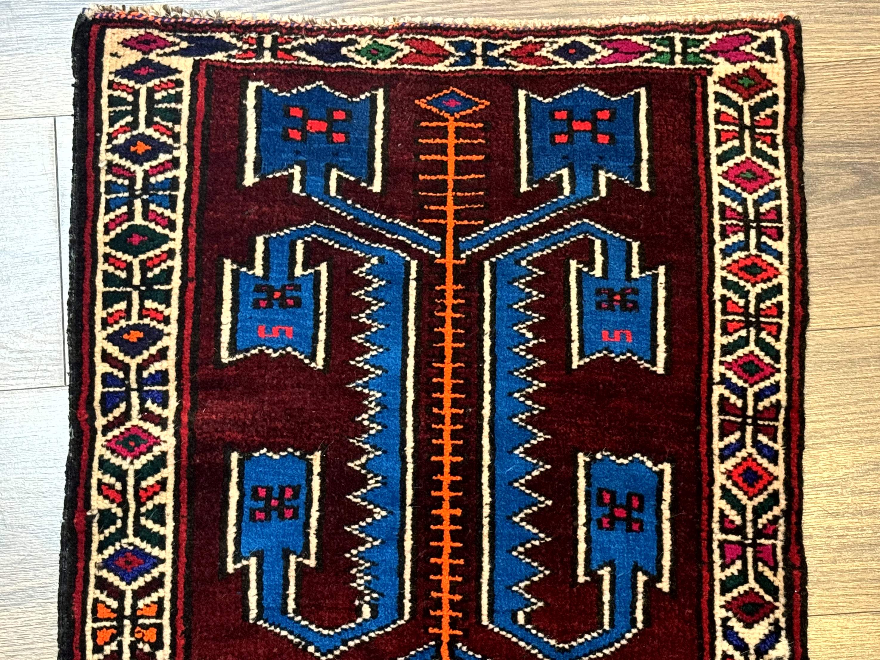 Persian Tribal Rug 1.8 x 2, Small Balouchi Rug, Unique Design, Burgundy and Blue - Image 3