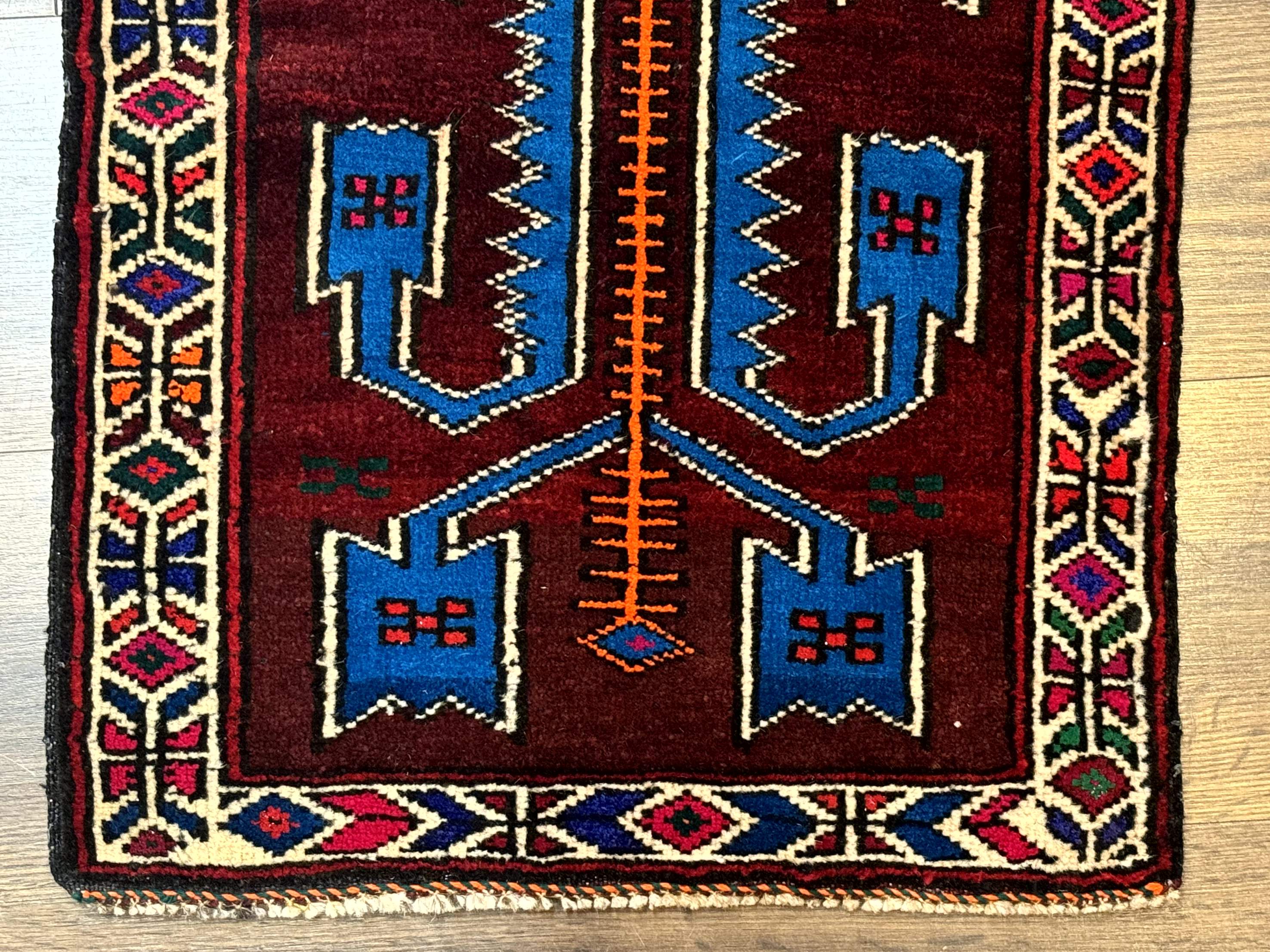 Persian Tribal Rug 1.8 x 2, Small Balouchi Rug, Unique Design, Burgundy and Blue - Image 5