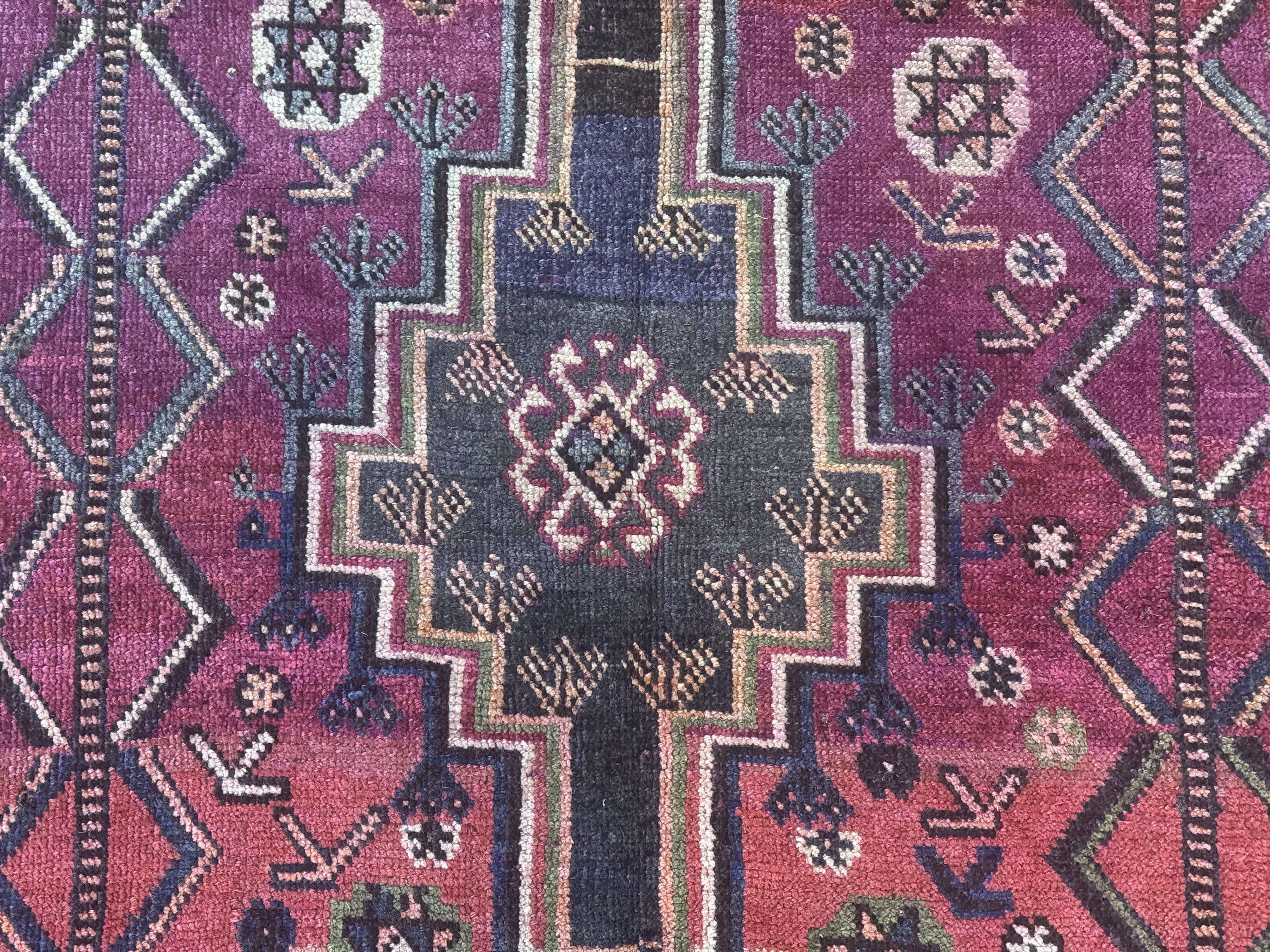 Persian Tribal Shiraz Rug 5x8, Geometric, Raspberry Red and Charcoal, Antique Persian Carpet - Image 4