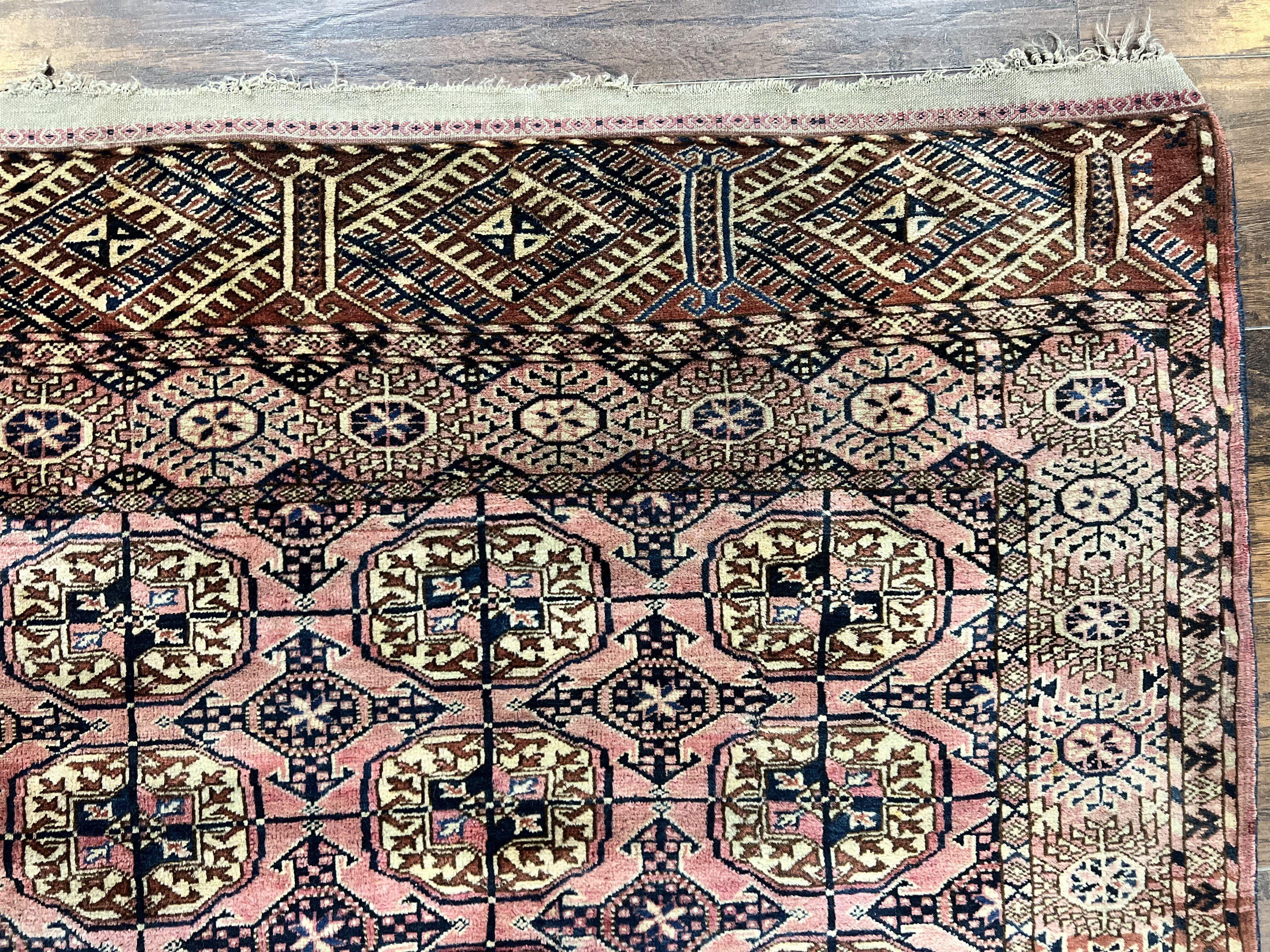 Persian Turkoman Rug 4x6, Wool Hand Knotted Antique Bokhara Carpet, Red Pink, Handmade Tribal Oriental Rug 4 x 6 ft - Image 7