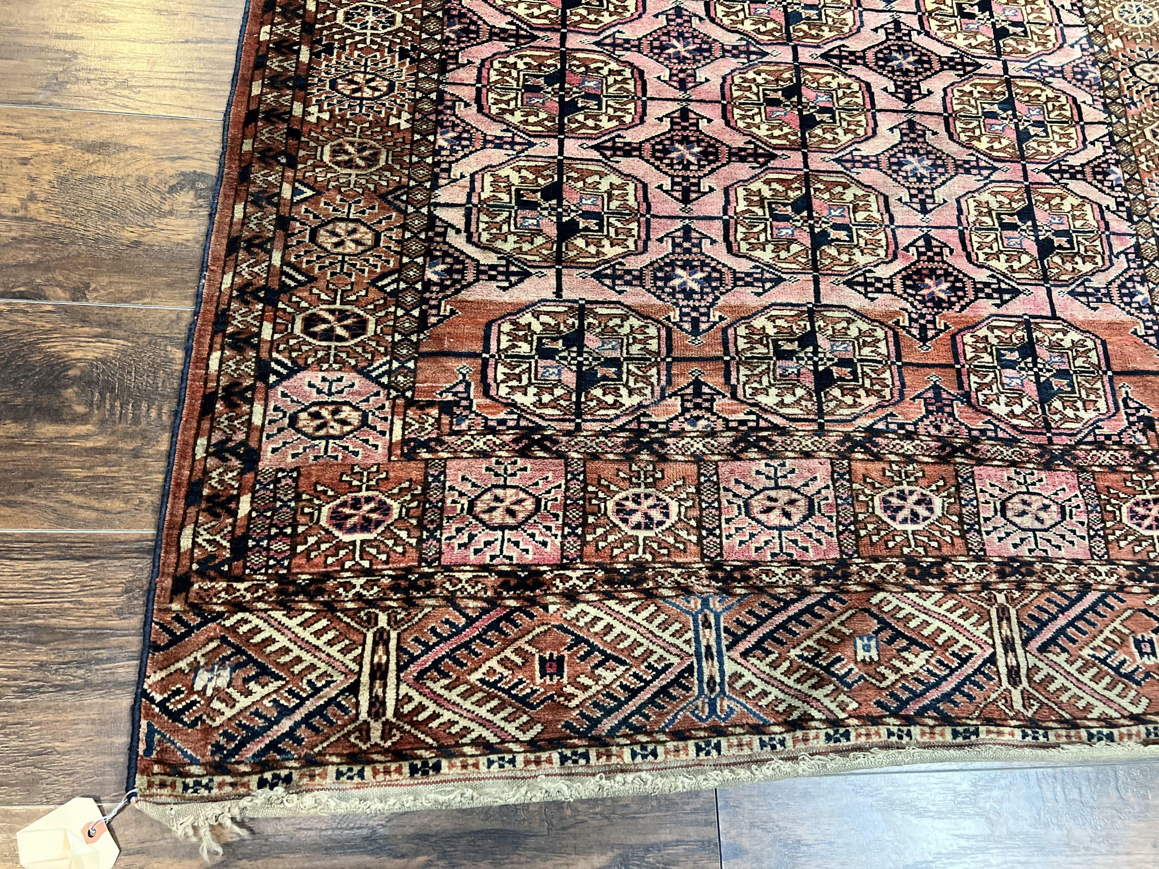Persian Turkoman Rug 4x6, Wool Hand Knotted Antique Bokhara Carpet, Red Pink, Handmade Tribal Oriental Rug 4 x 6 ft - Image 8