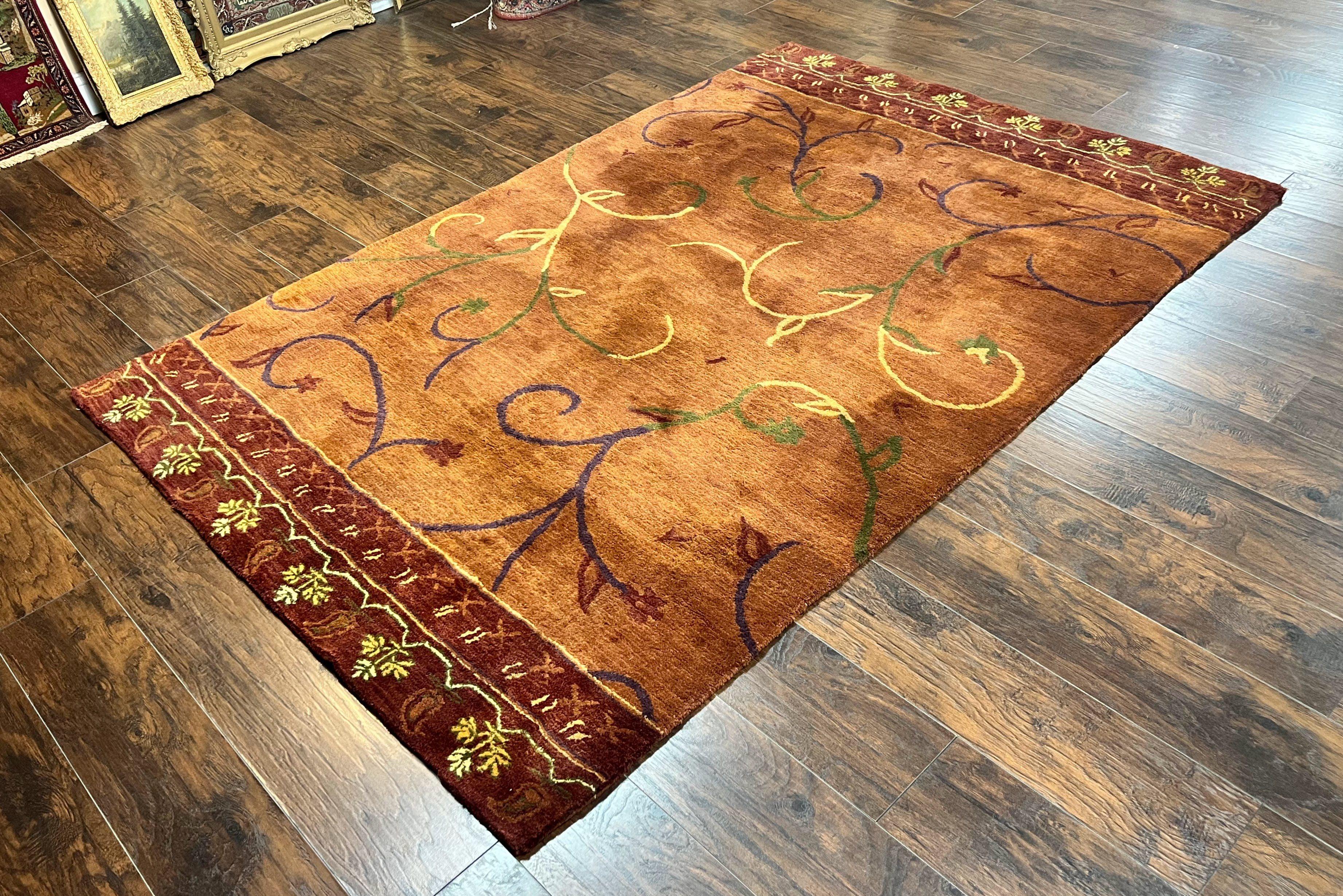 Pottery Barn Rug 5x8, Vintage Hand Tufted Carpet, Wool and Silk, Rust & Maroon - Image 2