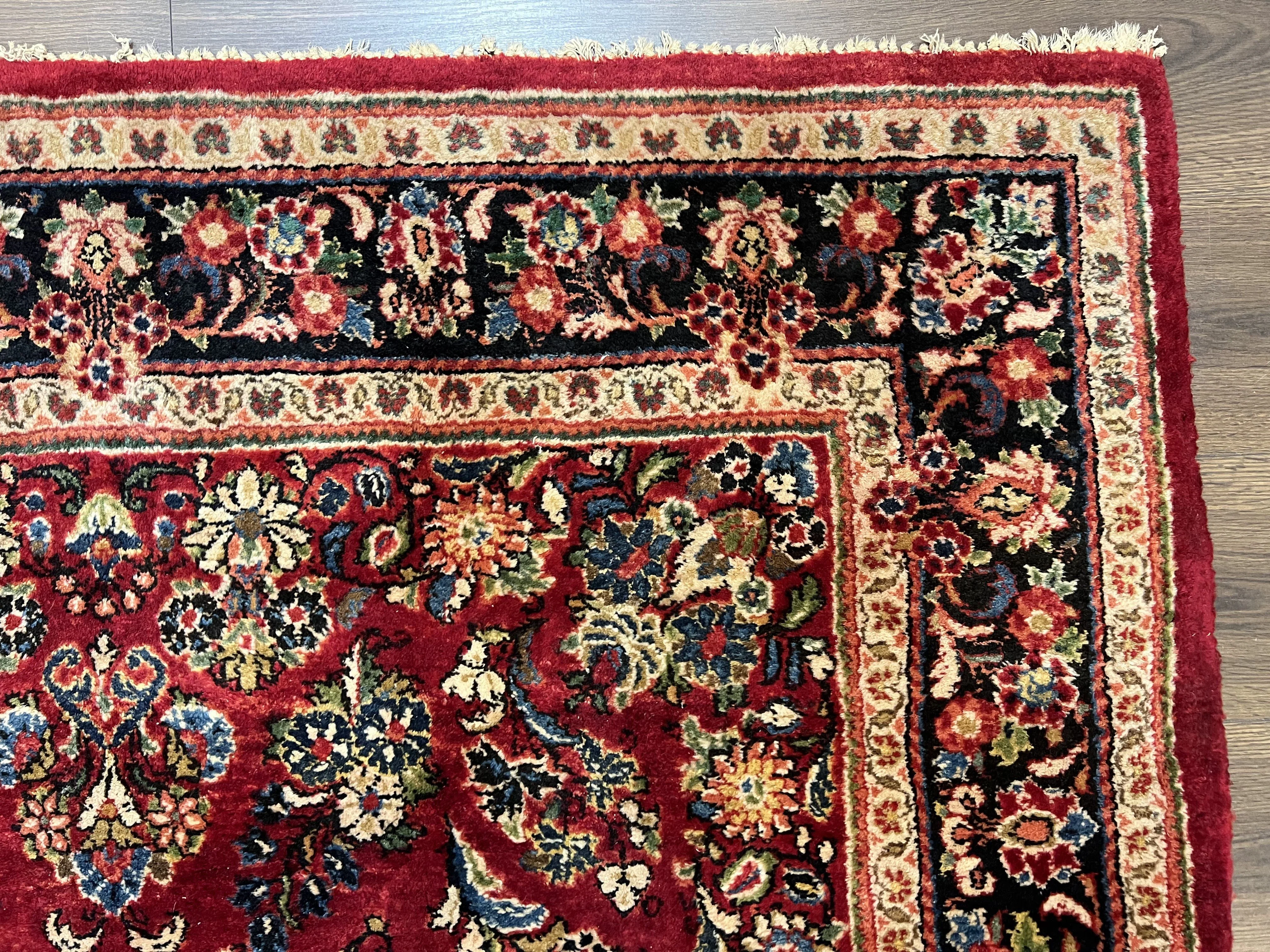 Persian Sarouk Rug 5x6, Hand Knotted Antique 1920s Sarouk, Red Navy Blue - Image 7