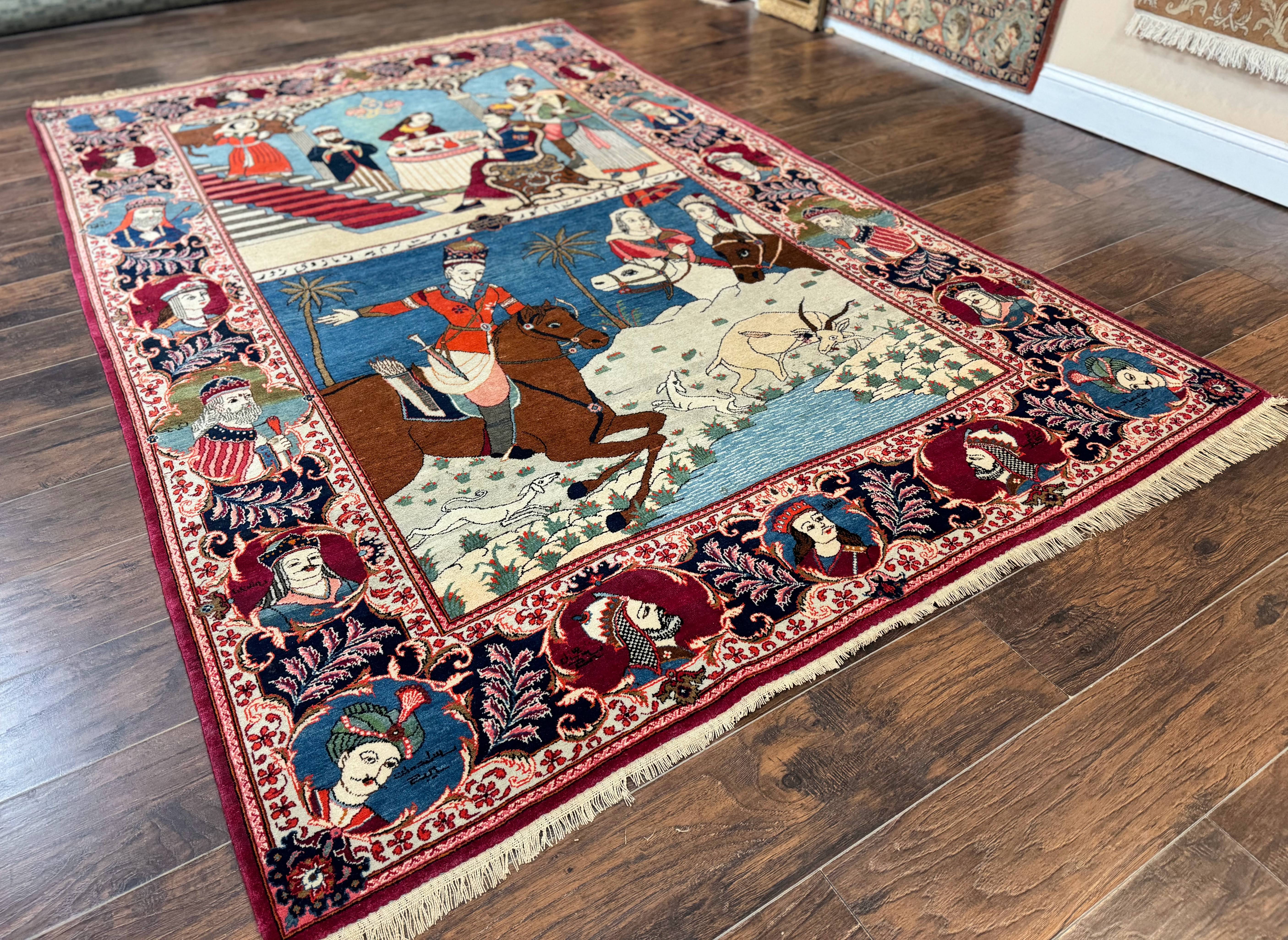 Rare Persian Kashan Pictorial Rug 6x9, King Bahram Hunting Scene, Persian Kings, Hand Knotted Persian Rug for Wall Hanging, Antique, Wool - Image 3