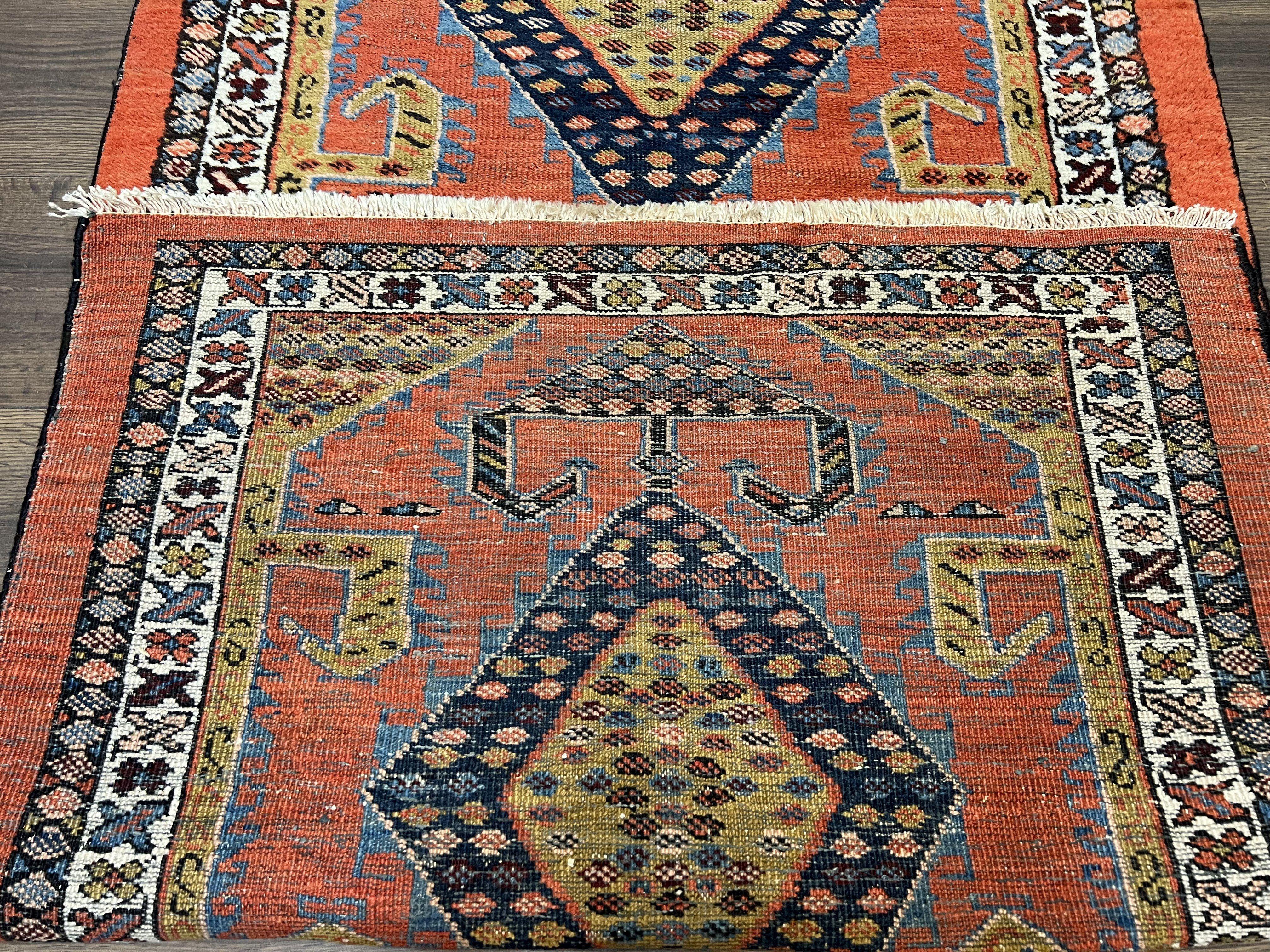 Rare Persian Tribal Runner Rug 3 x 11, Sarab Serab Persian Runner, Antique 1920s Collectible Geometric Medallions Oriental Wool Runner, Hand Knotted, Bright Orange-Red - Image 10