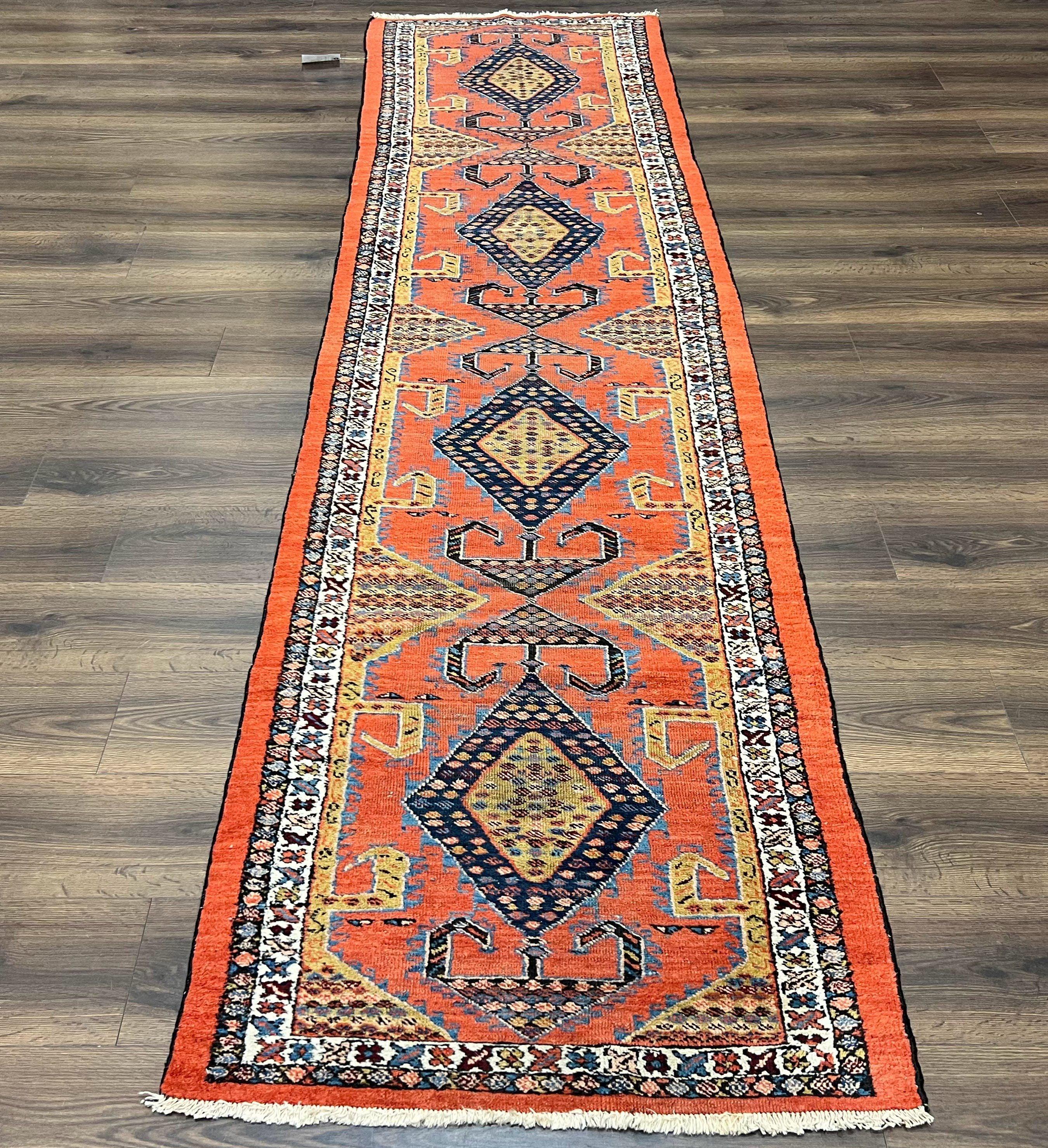 Rare Persian Tribal Runner Rug 3 x 11, Sarab Serab Persian Runner, Antique 1920s Collectible Geometric Medallions Oriental Wool Runner, Hand Knotted, Bright Orange-Red - Image 11