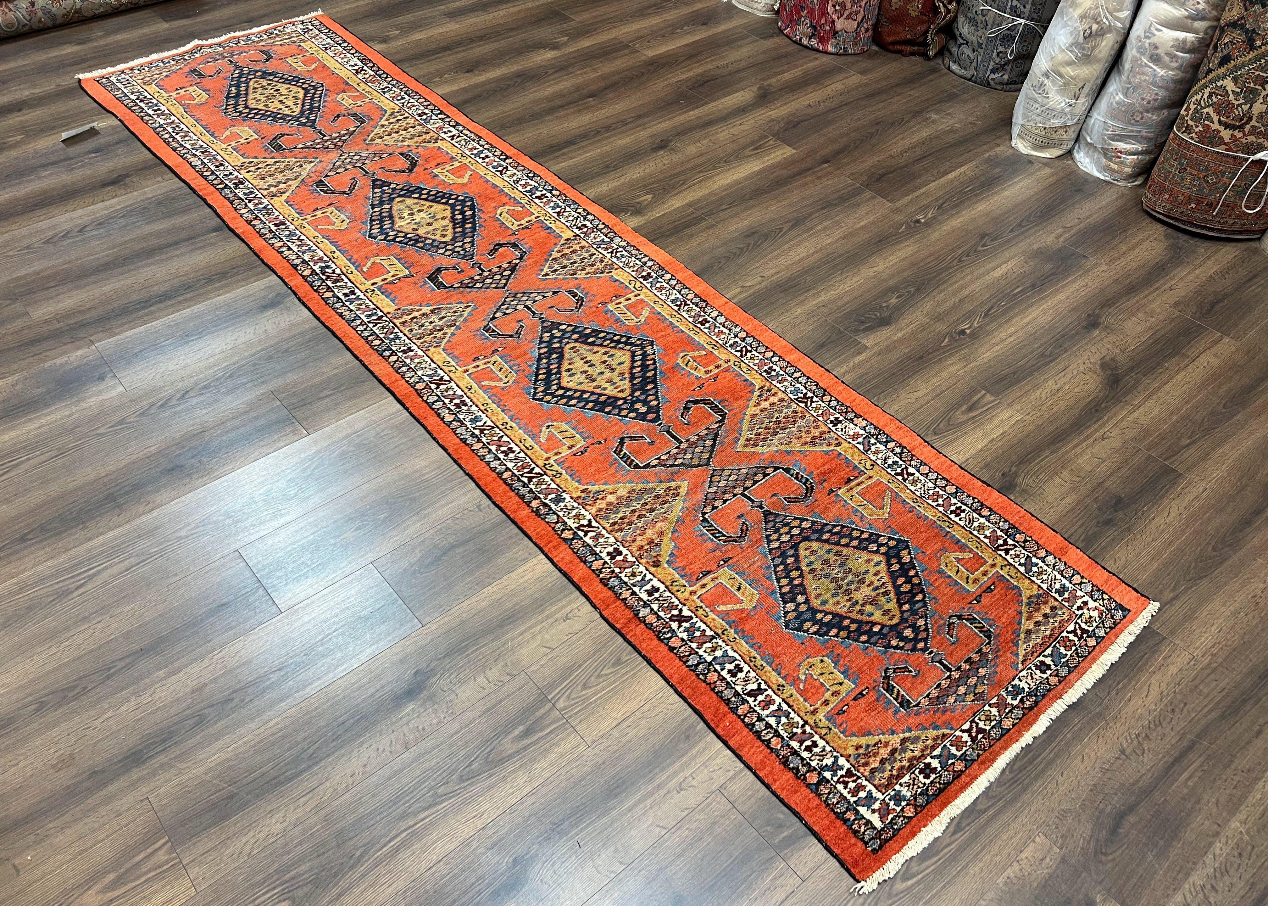 Rare Persian Tribal Runner Rug 3 x 11, Sarab Serab Persian Runner, Antique 1920s Collectible Geometric Medallions Oriental Wool Runner, Hand Knotted, Bright Orange-Red - Image 2