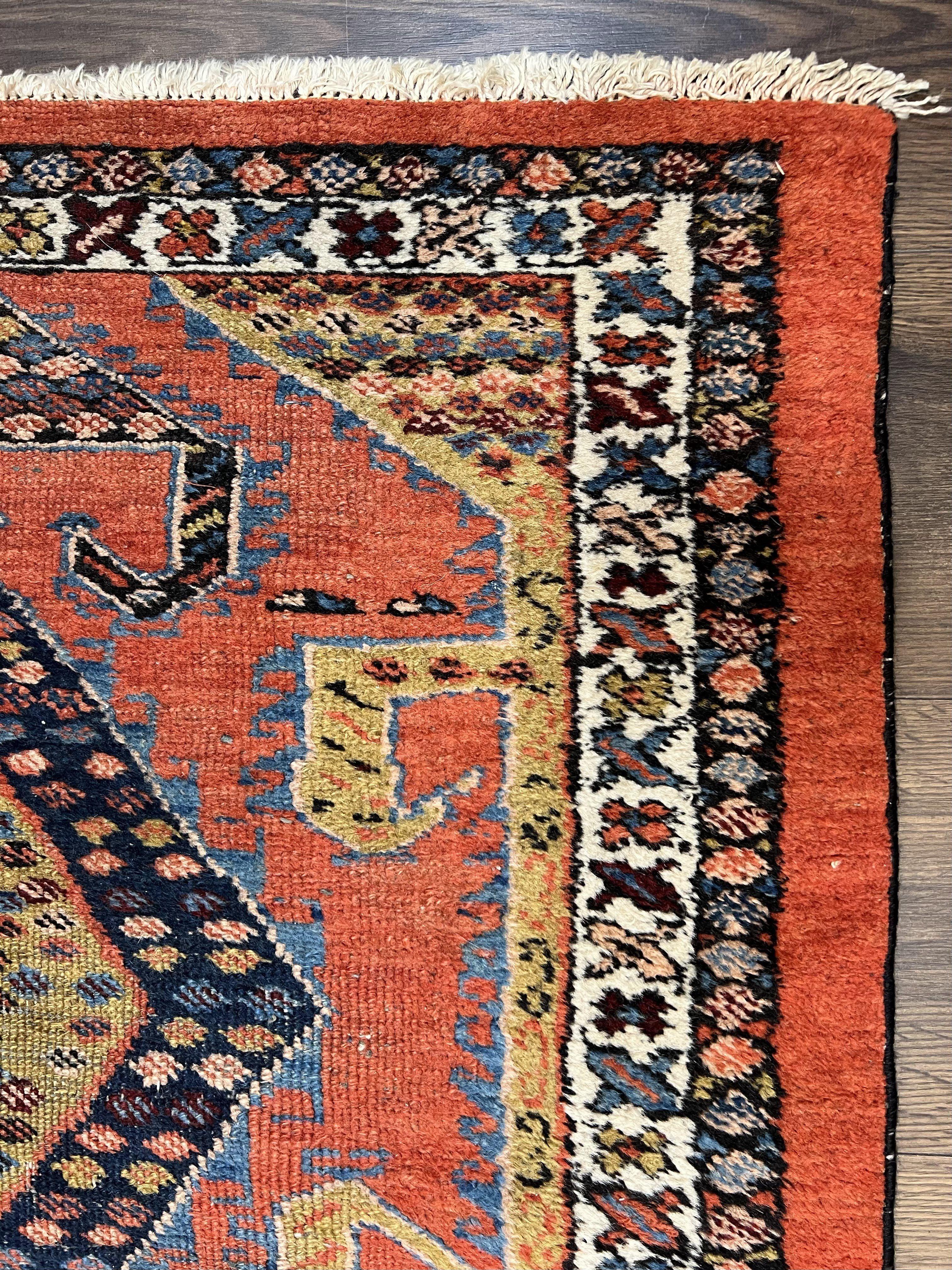 Rare Persian Tribal Runner Rug 3 x 11, Sarab Serab Persian Runner, Antique 1920s Collectible Geometric Medallions Oriental Wool Runner, Hand Knotted, Bright Orange-Red - Image 7