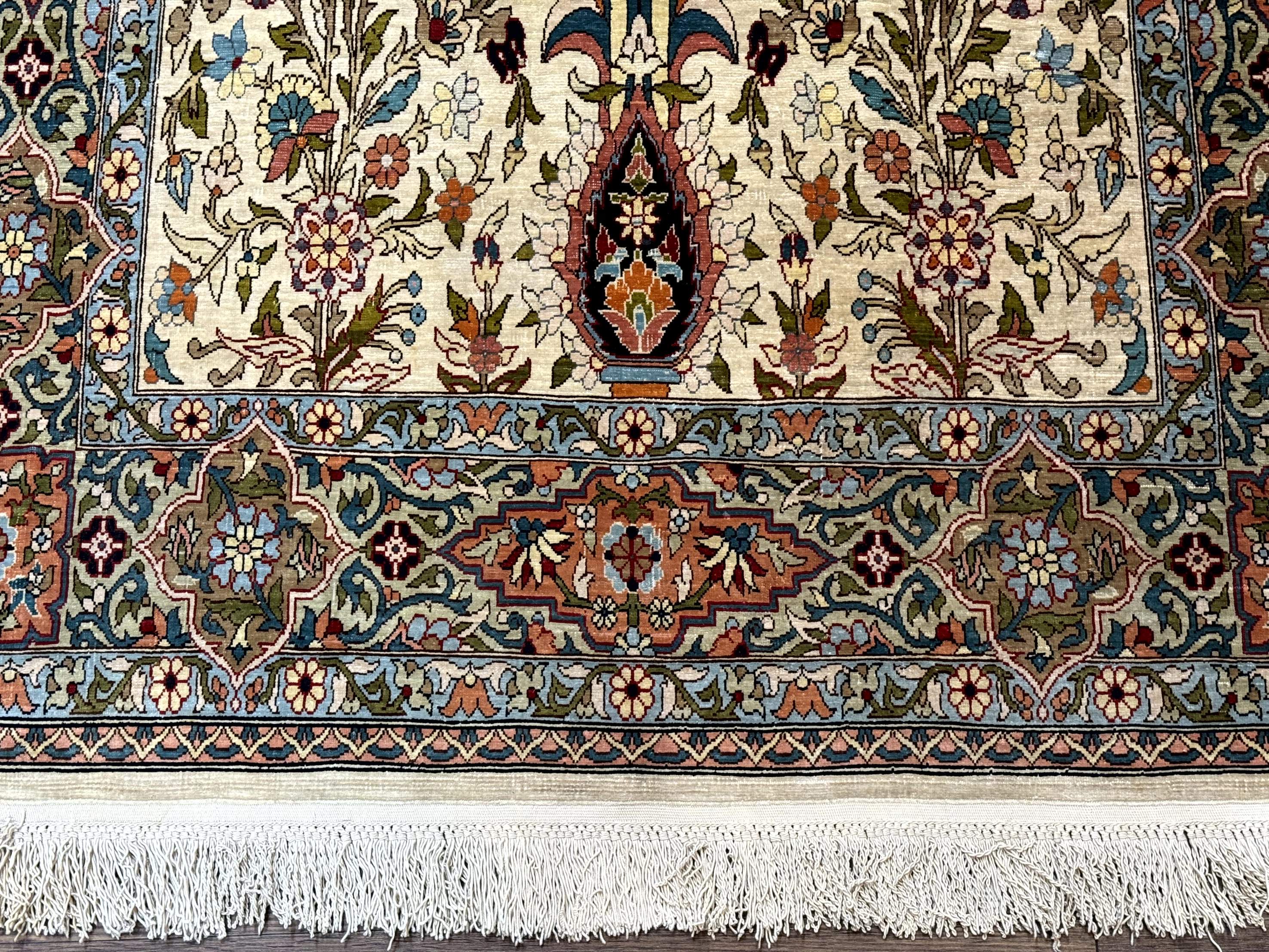 Rare Turkish Hereke Silk Rug 3x5, Tree of Life Persian Vase Design, Very Fine 440 KPSI, Signed - Image 5