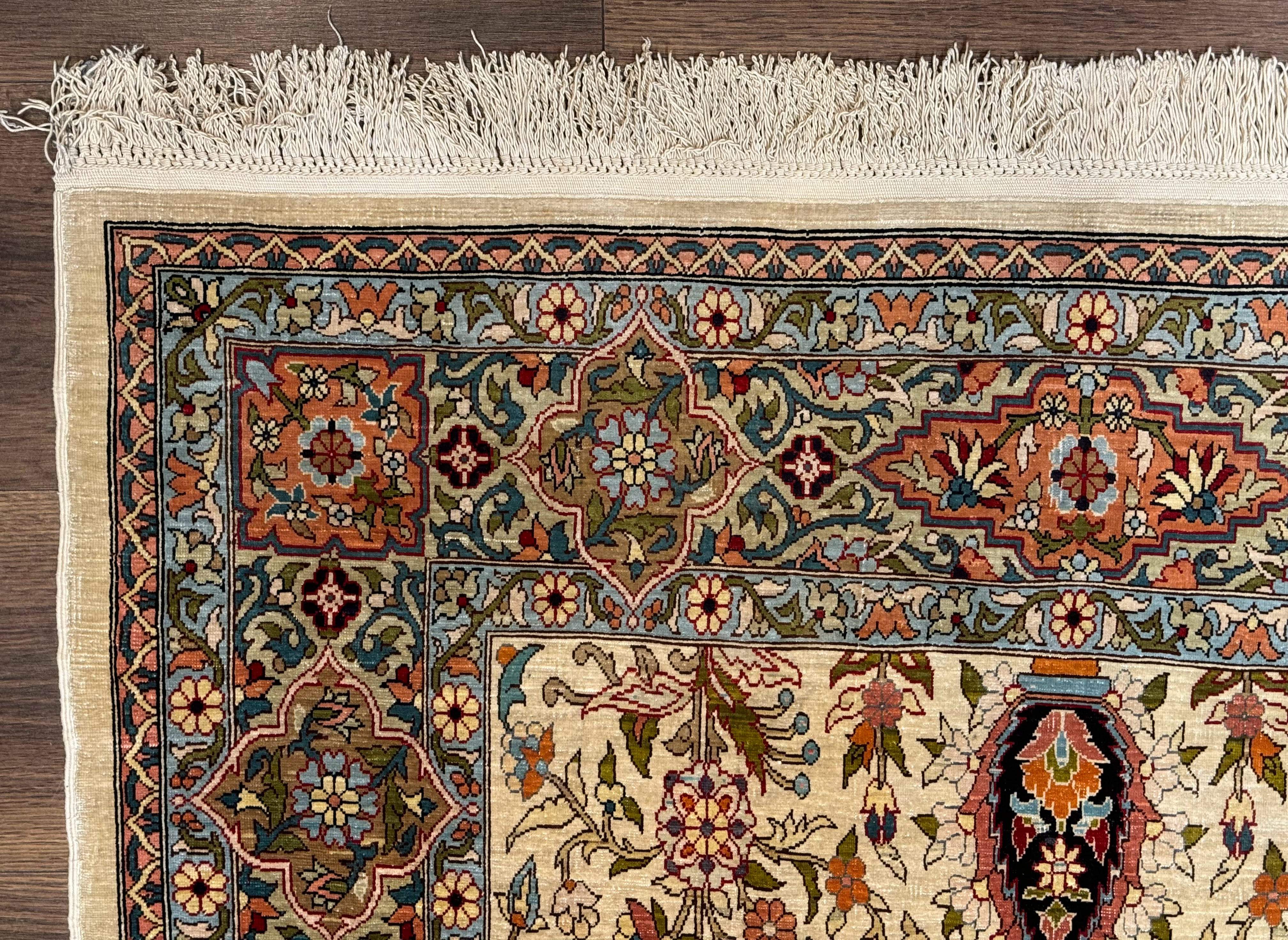 Rare Turkish Hereke Silk Rug 3x5, Tree of Life Persian Vase Design, Very Fine 440 KPSI, Signed - Image 6