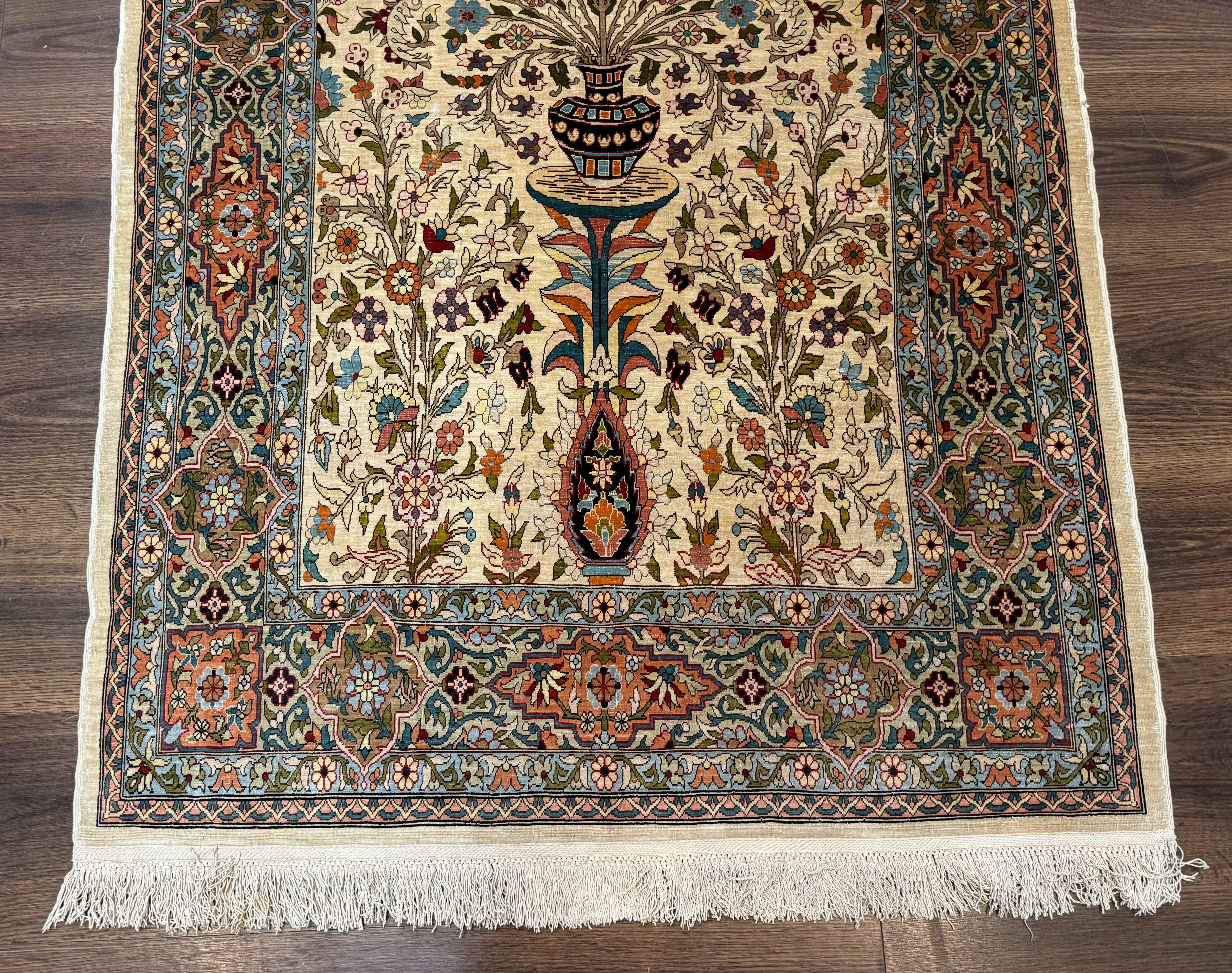 Rare Turkish Hereke Silk Rug 3x5, Tree of Life Persian Vase Design, Very Fine 440 KPSI, Signed - Image 9