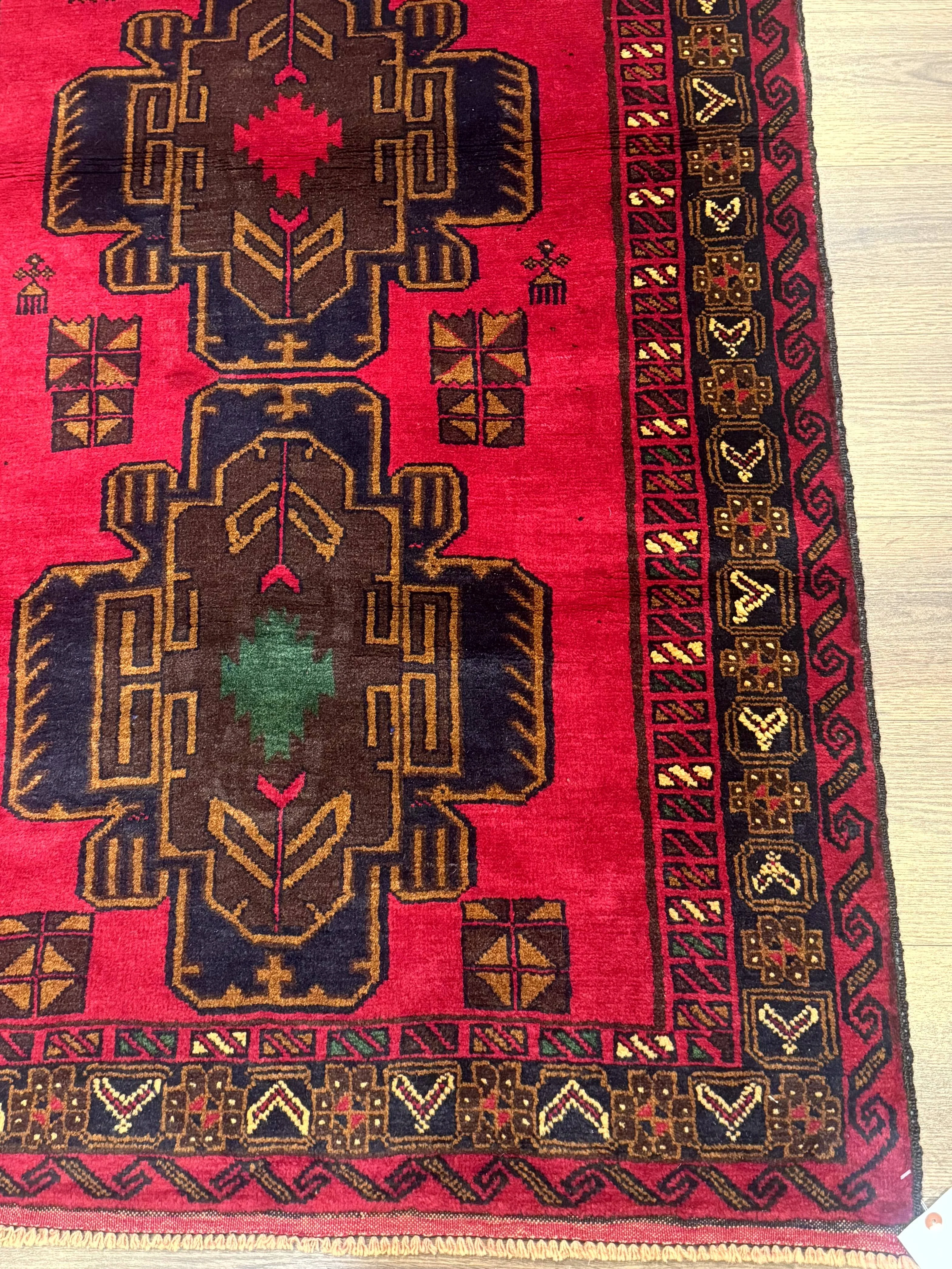 Red Afghan Balouch Rug 4x7, Triple Medallions, Handmade, New - Image 8