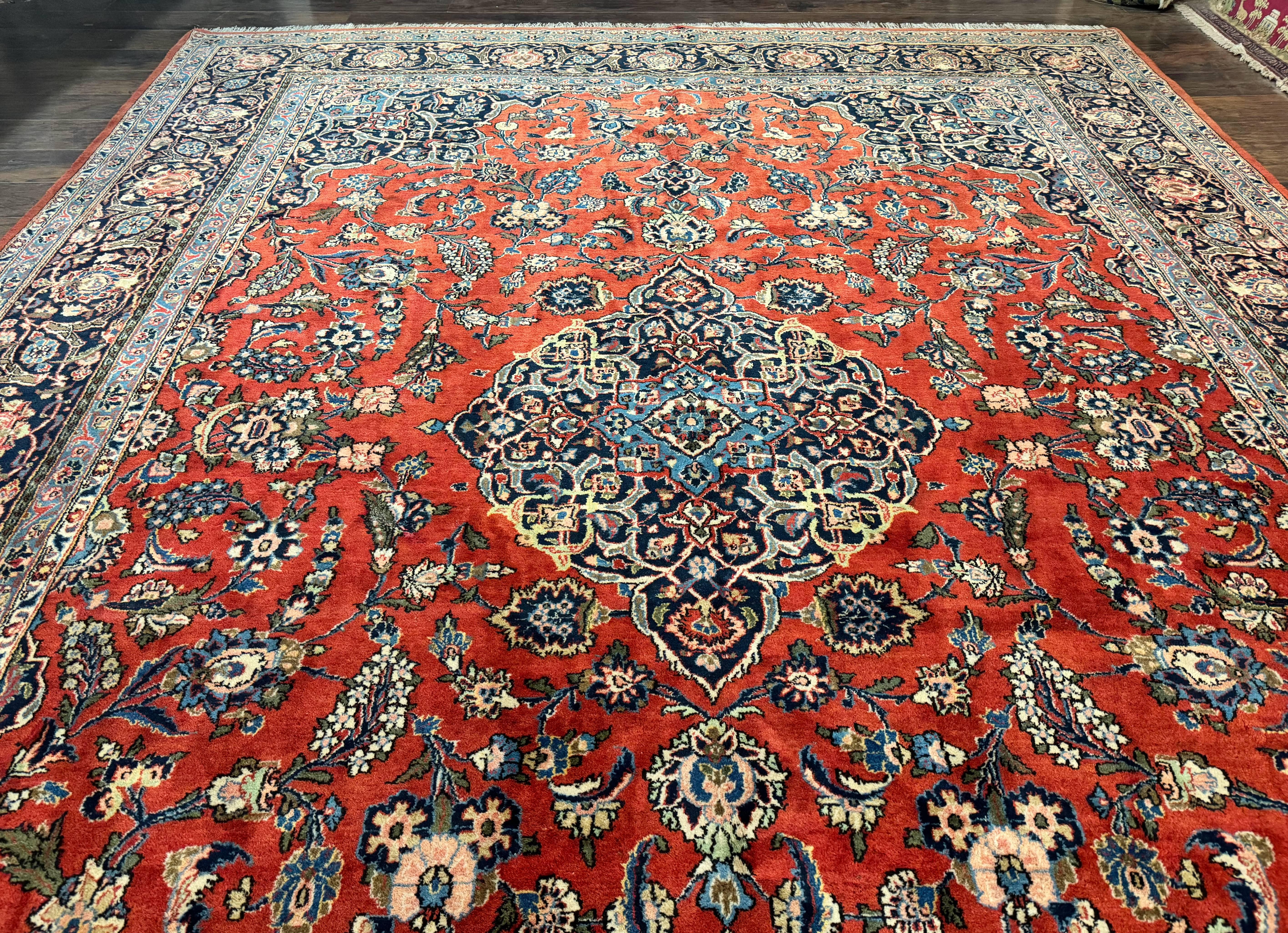 Red Persian Kashan Rug 10x14, Hand-Knotted Semi Antique Floral Medallion Handmade Wool Carpet, Red & Navy Blue - Image 12