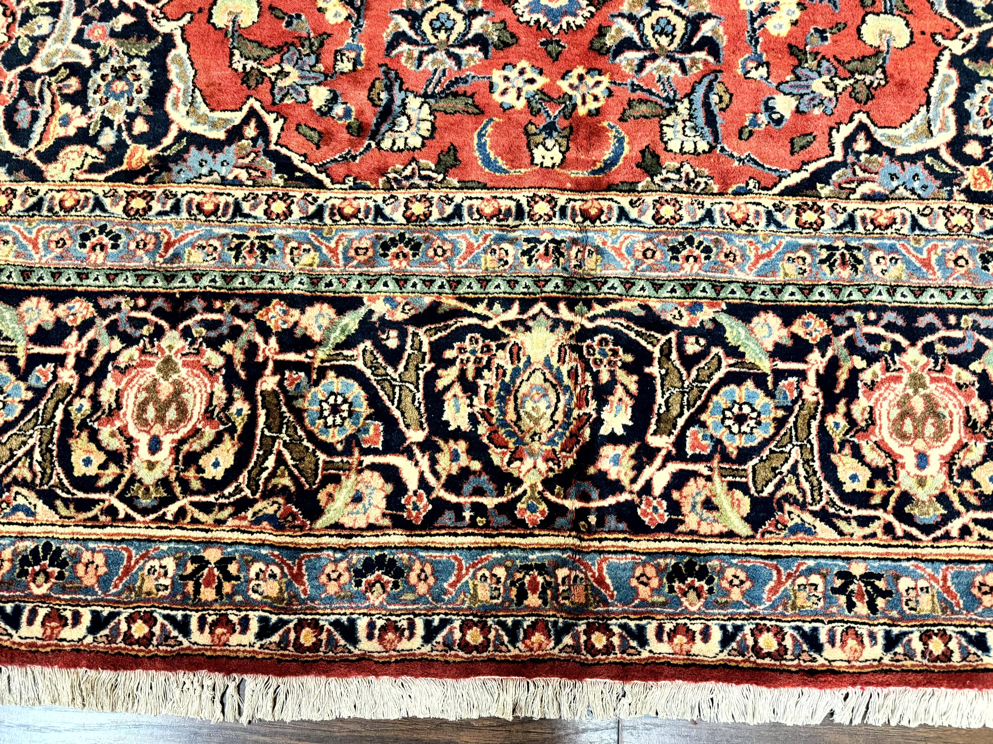 Red Persian Kashan Rug 10x14, Hand-Knotted Semi Antique Floral Medallion Handmade Wool Carpet, Red & Navy Blue - Image 5